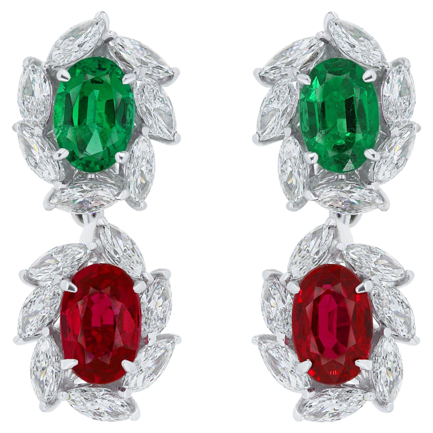 Ruby, Emerald and Diamond Studded Earrings in 18 Karat White Gold For Sale