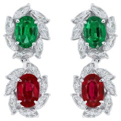 Ruby, Emerald and Diamond Studded Earrings in 18 Karat White Gold
