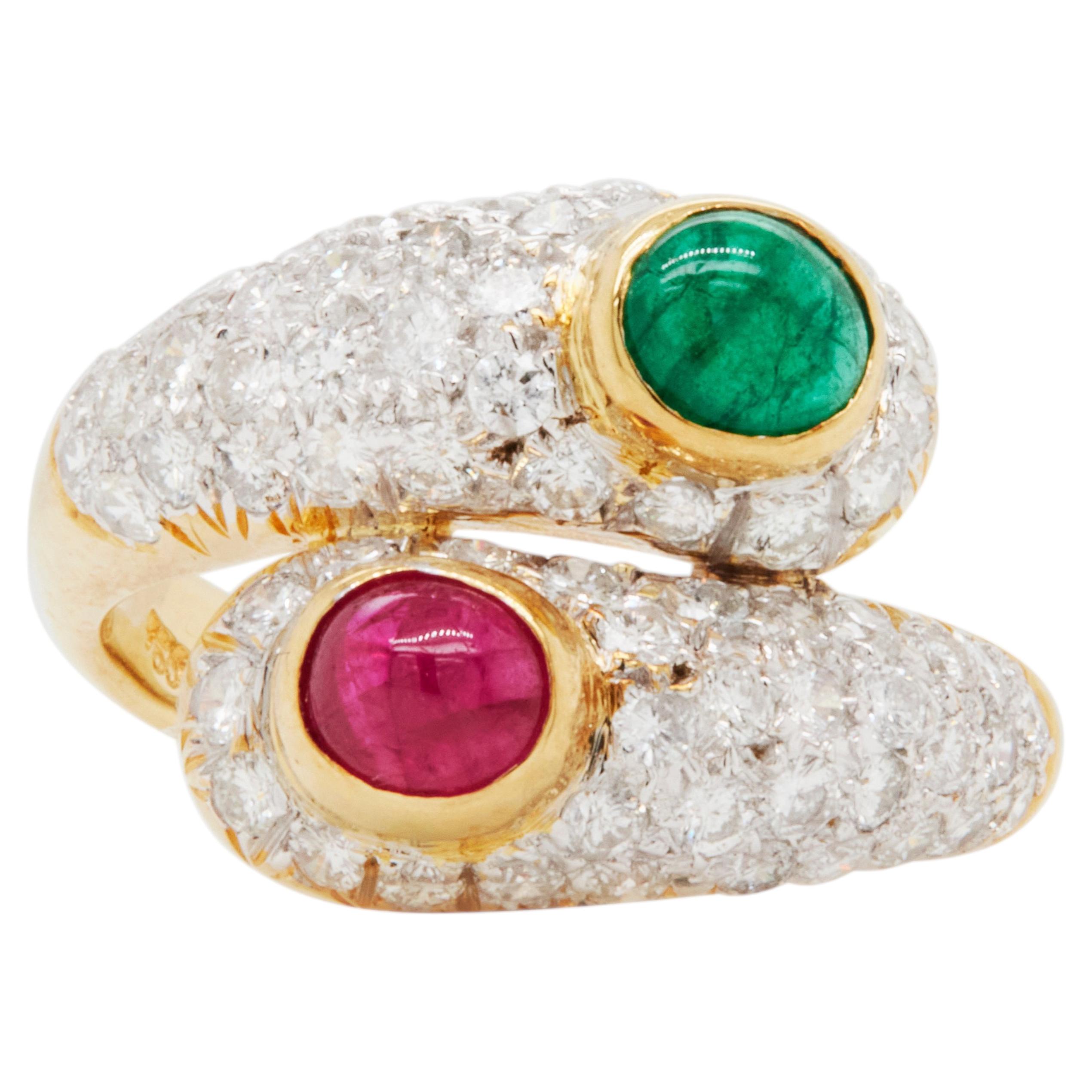 Ruby, Emerald and Diamond Toi et Moi Crossover Cocktail Ring in 18K Yellow Gold