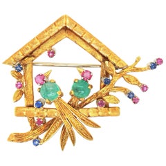 Ruby Emerald and Sapphire Lovebirds and House Nest Gold Brooch/Pendant