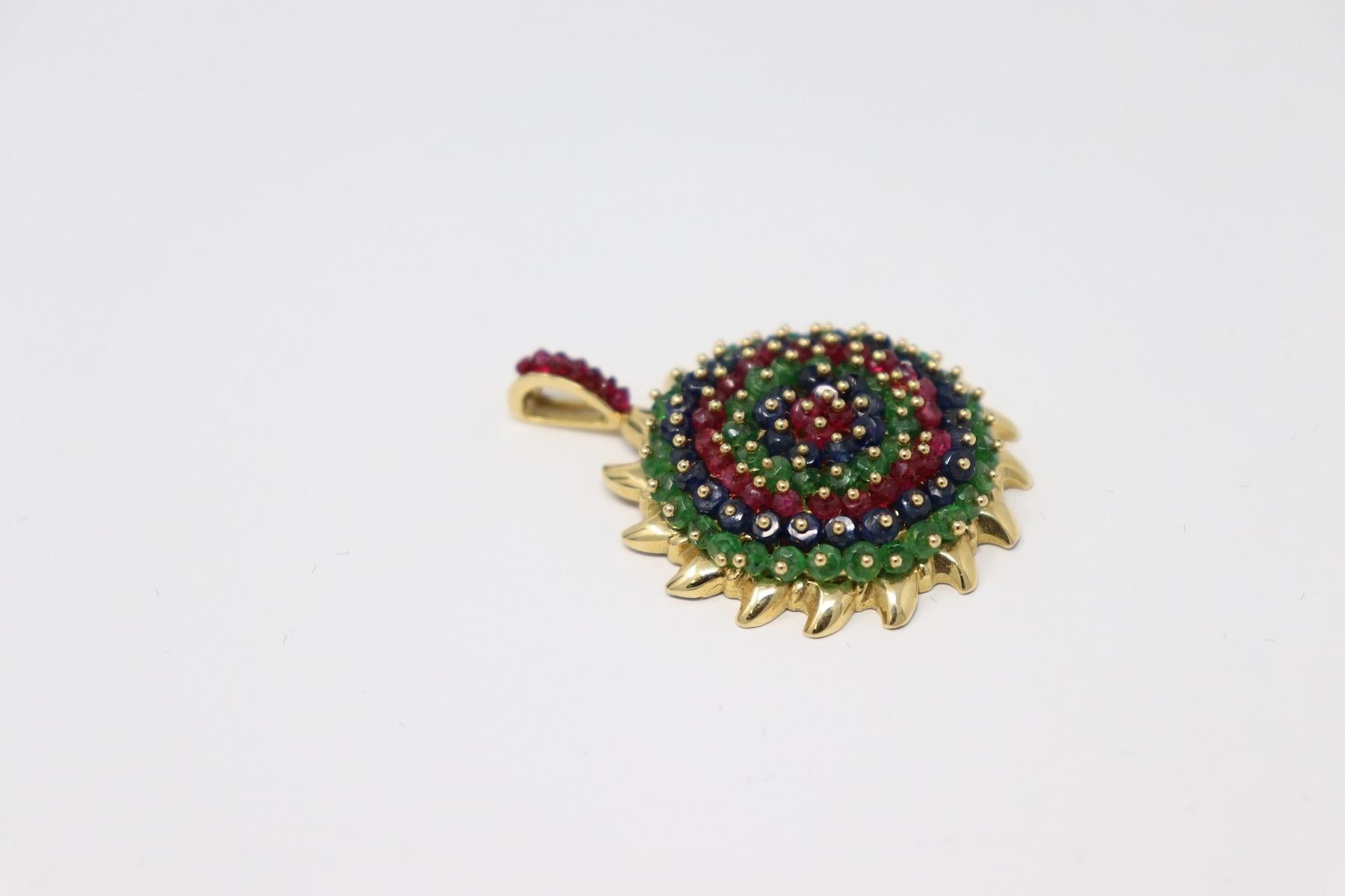 Ruby Emerald and Sapphire Pendant in Yellow Gold For Sale 1