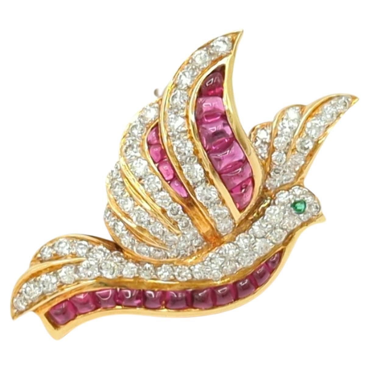 Ruby, Emerald, and White Diamond Bird Brooch in 18K Yellow Gold For Sale