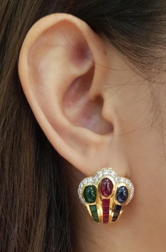 Ruby, Emerald, Blue Sapphire and Diamond Earrings Set in 18 Karat Gold Settings