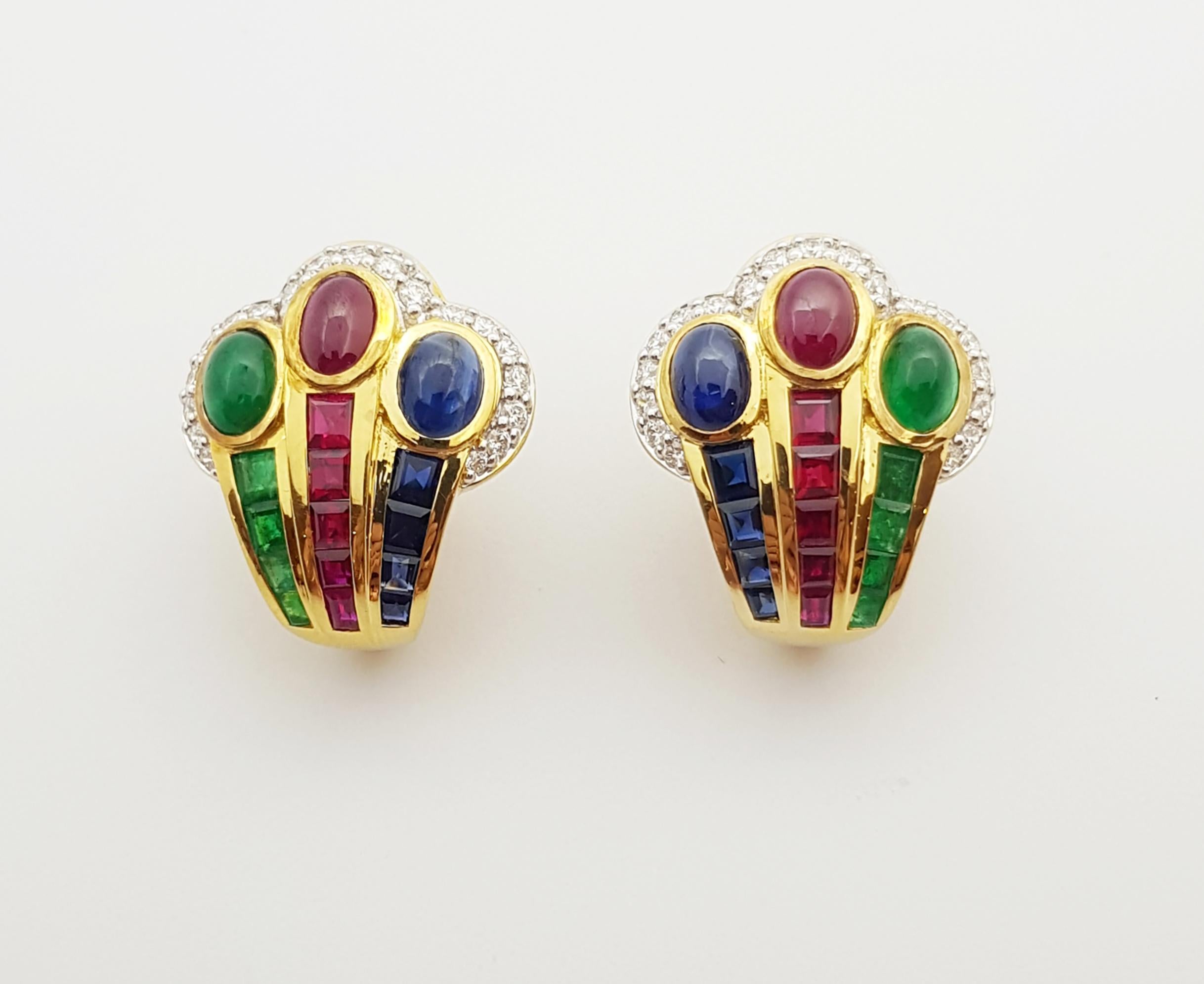 Ohrringe mit Rubinen, Smaragden, blauen Saphiren und Diamanten in 18 Karat Goldfassung (Art déco) im Angebot