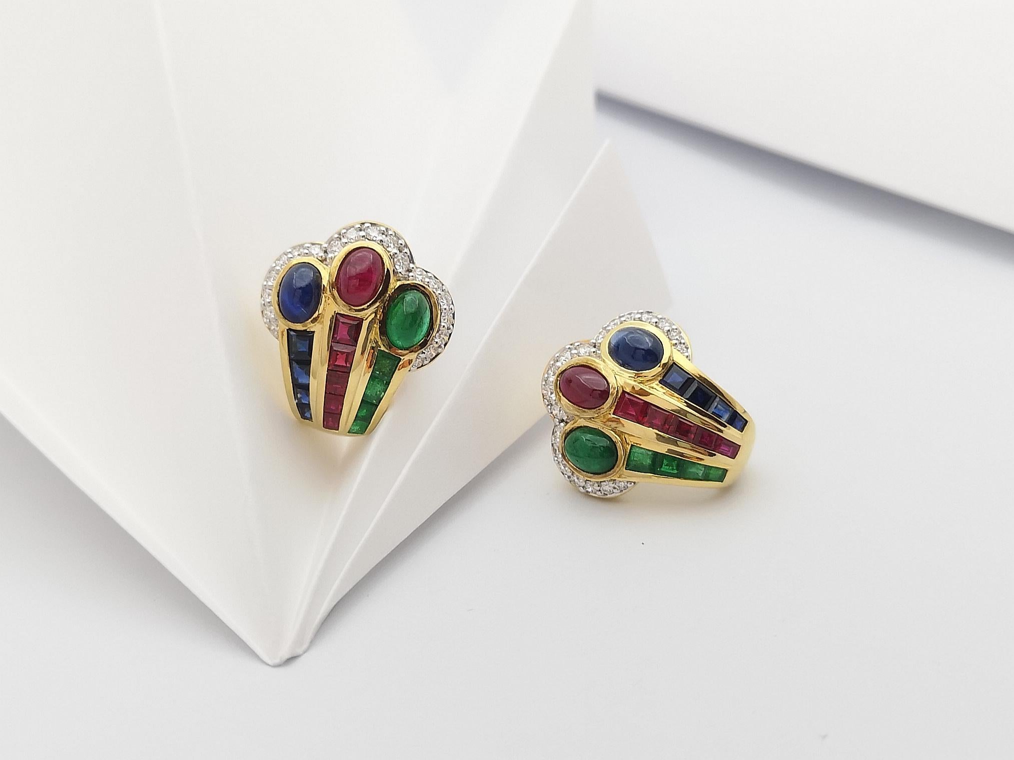 Art Deco Ruby, Emerald, Blue Sapphire and Diamond Earrings Set in 18 Karat Gold Settings For Sale