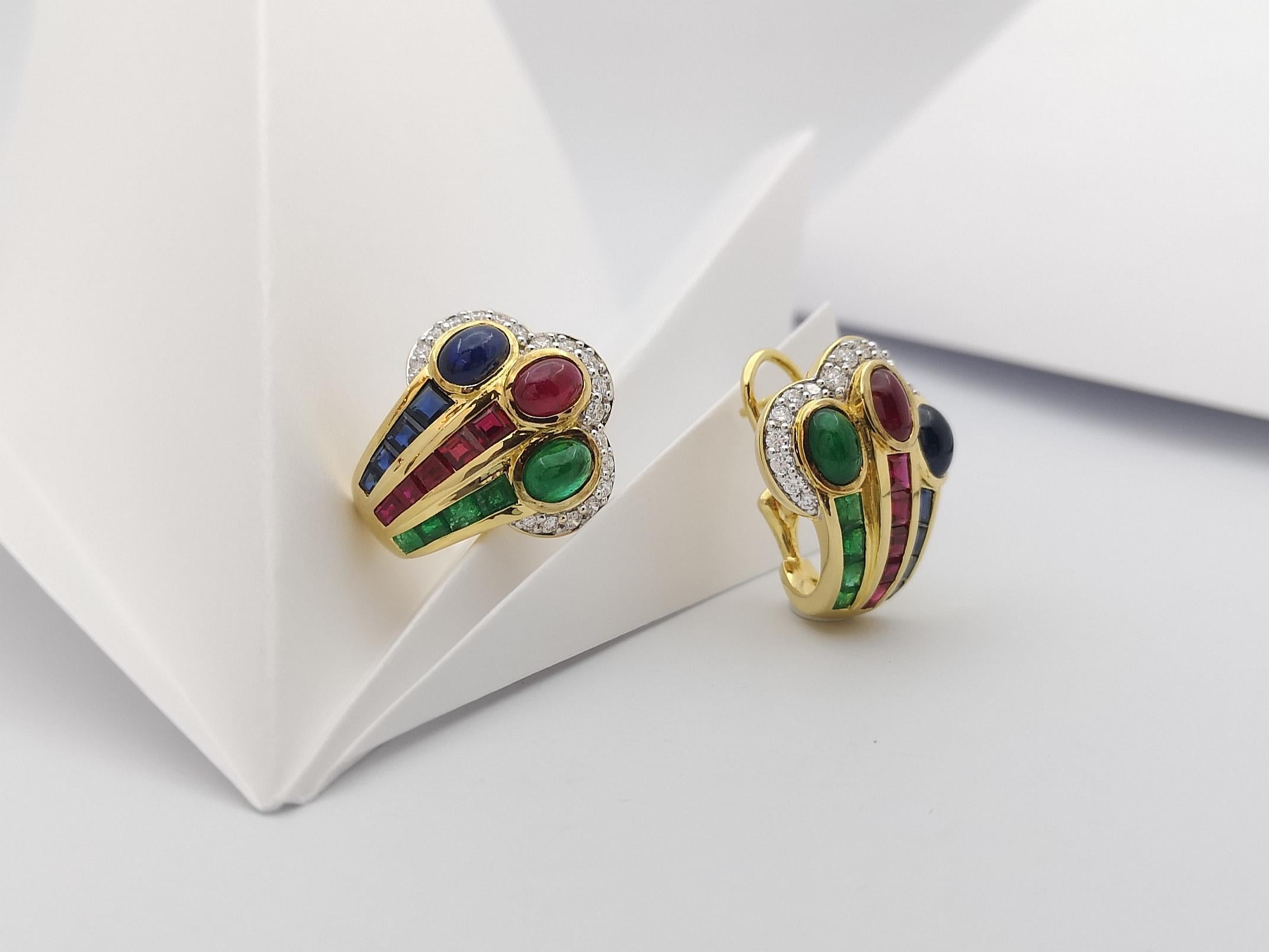 Mixed Cut Ruby, Emerald, Blue Sapphire and Diamond Earrings Set in 18 Karat Gold Settings For Sale