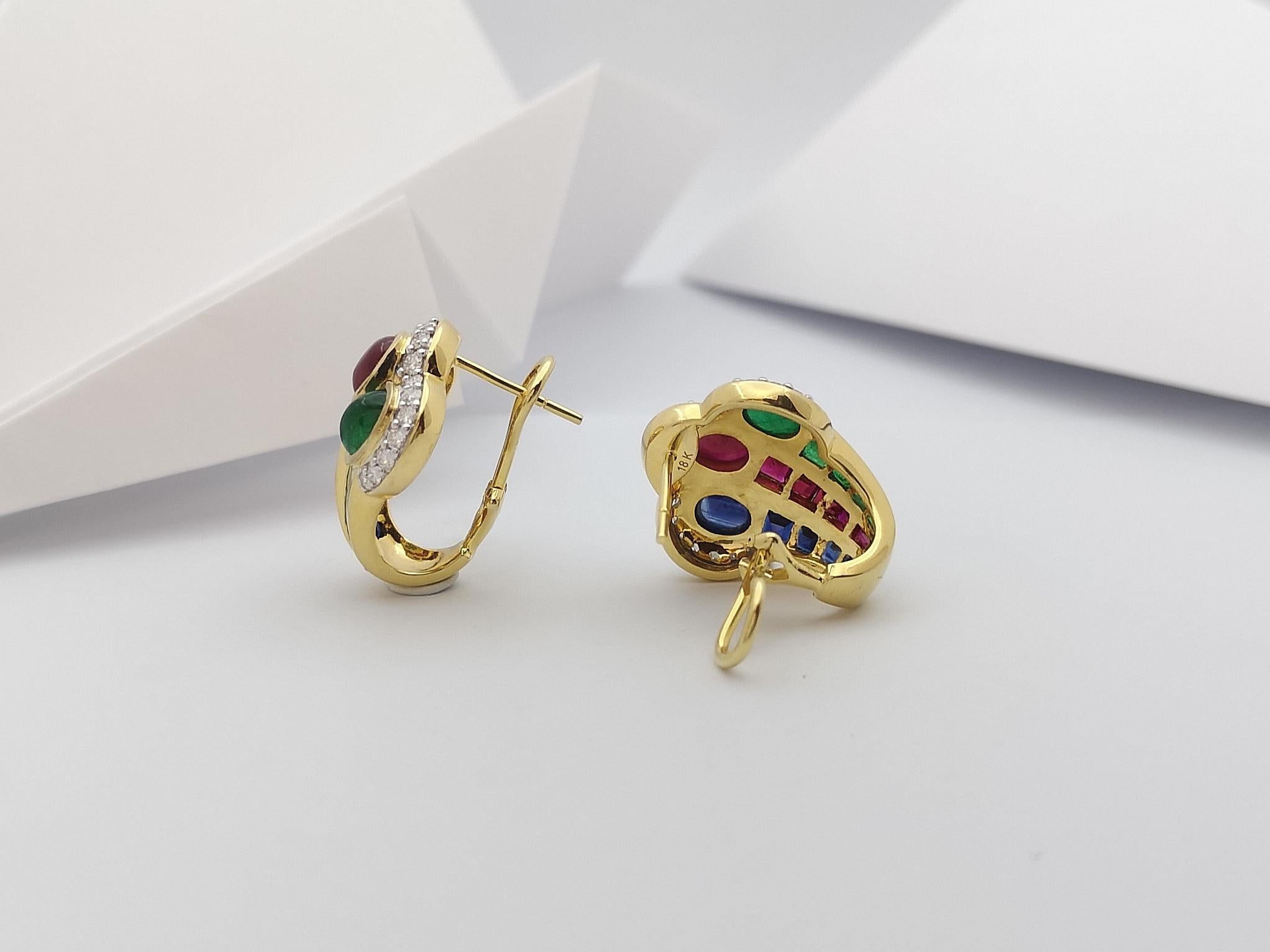 Ruby, Emerald, Blue Sapphire and Diamond Earrings Set in 18 Karat Gold Settings In New Condition For Sale In Bangkok, TH