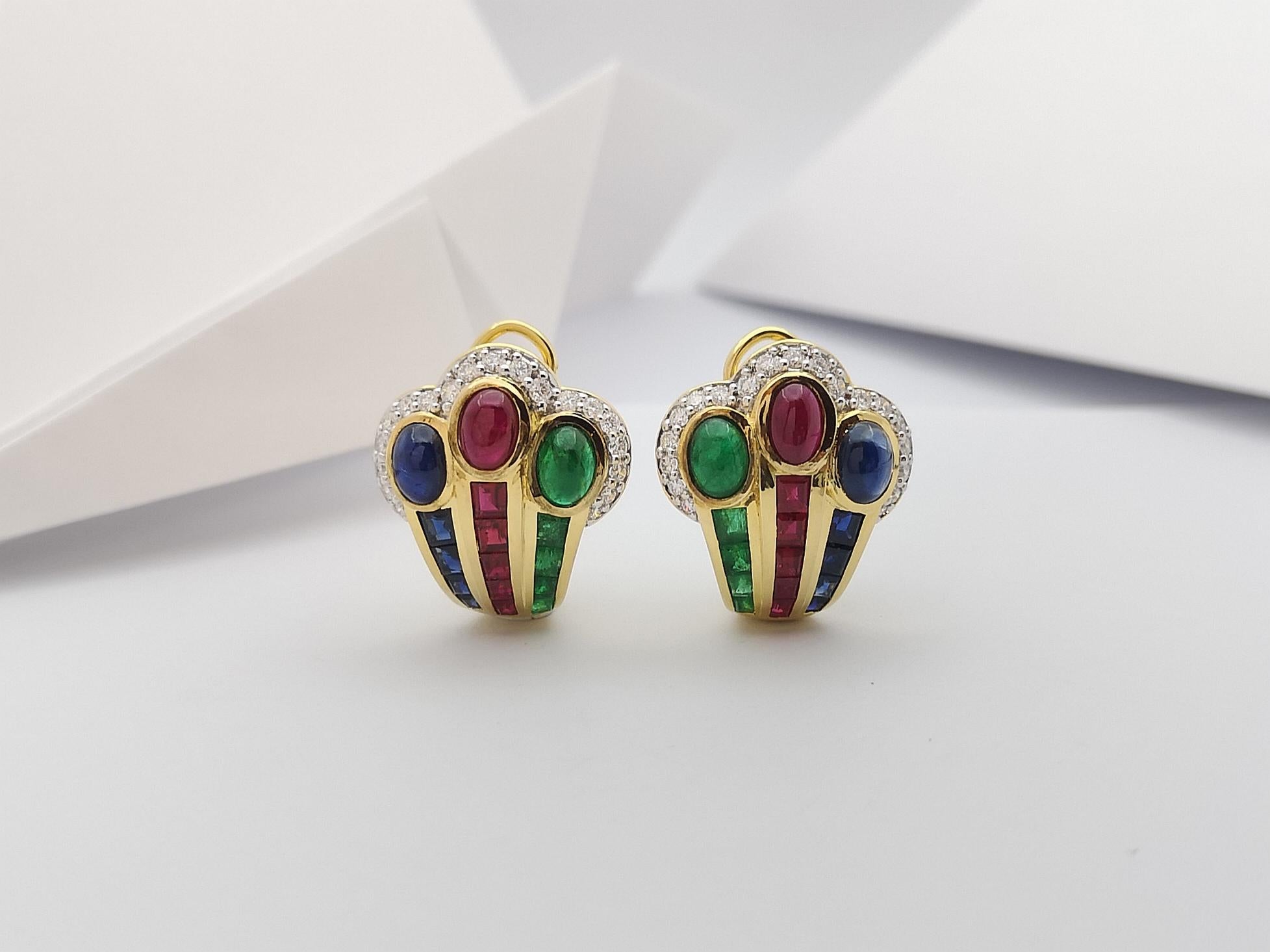 Ruby, Emerald, Blue Sapphire and Diamond Earrings Set in 18 Karat Gold Settings For Sale 1