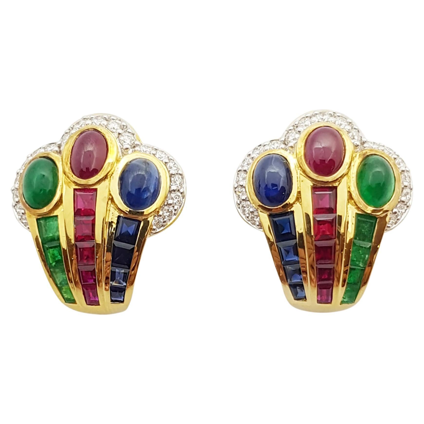 Ruby, Emerald, Blue Sapphire and Diamond Earrings Set in 18 Karat Gold Settings For Sale