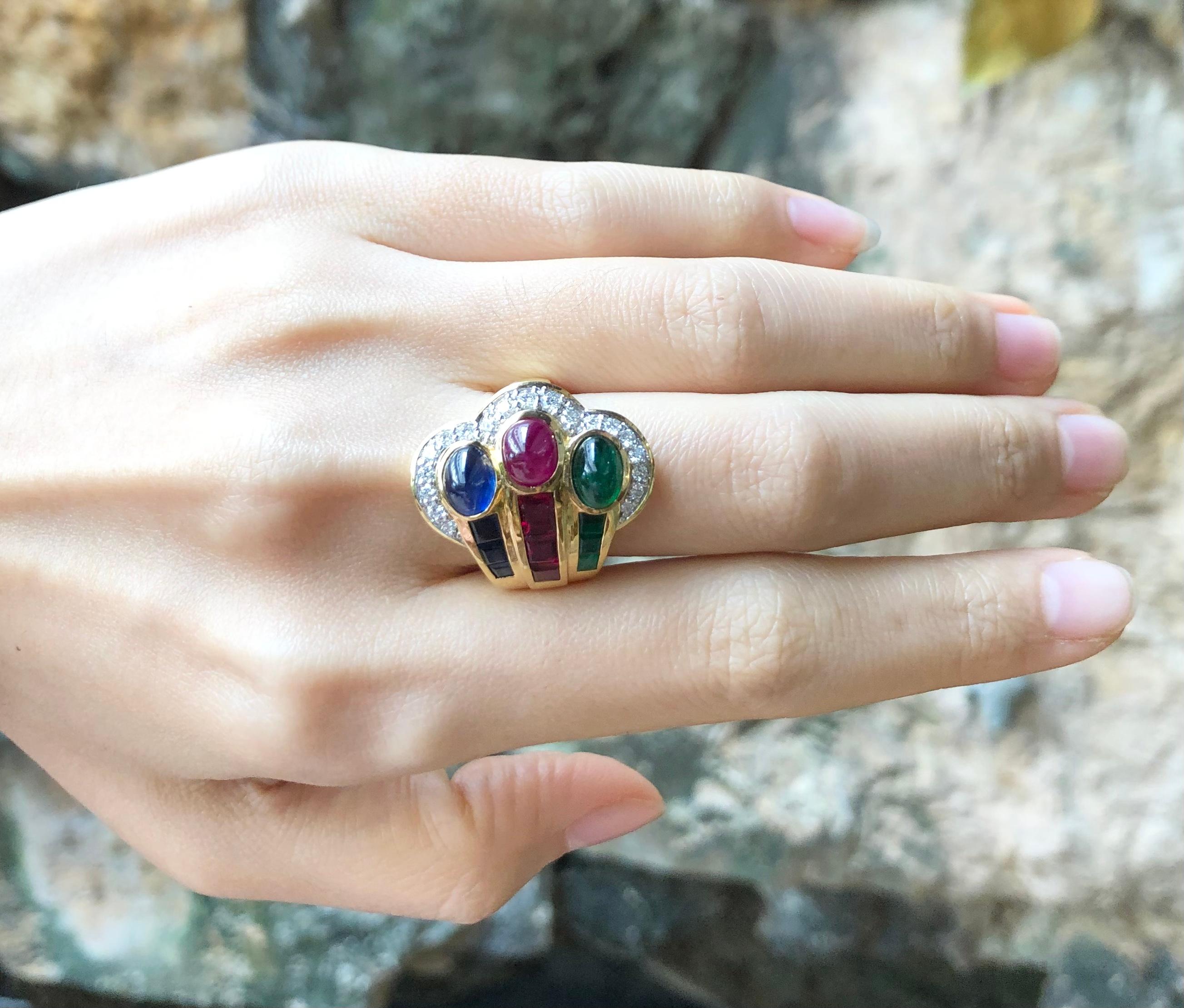 Women's Ruby, Emerald, Blue Sapphire and Diamond Ring Set in 18 Karat Gold Settings
