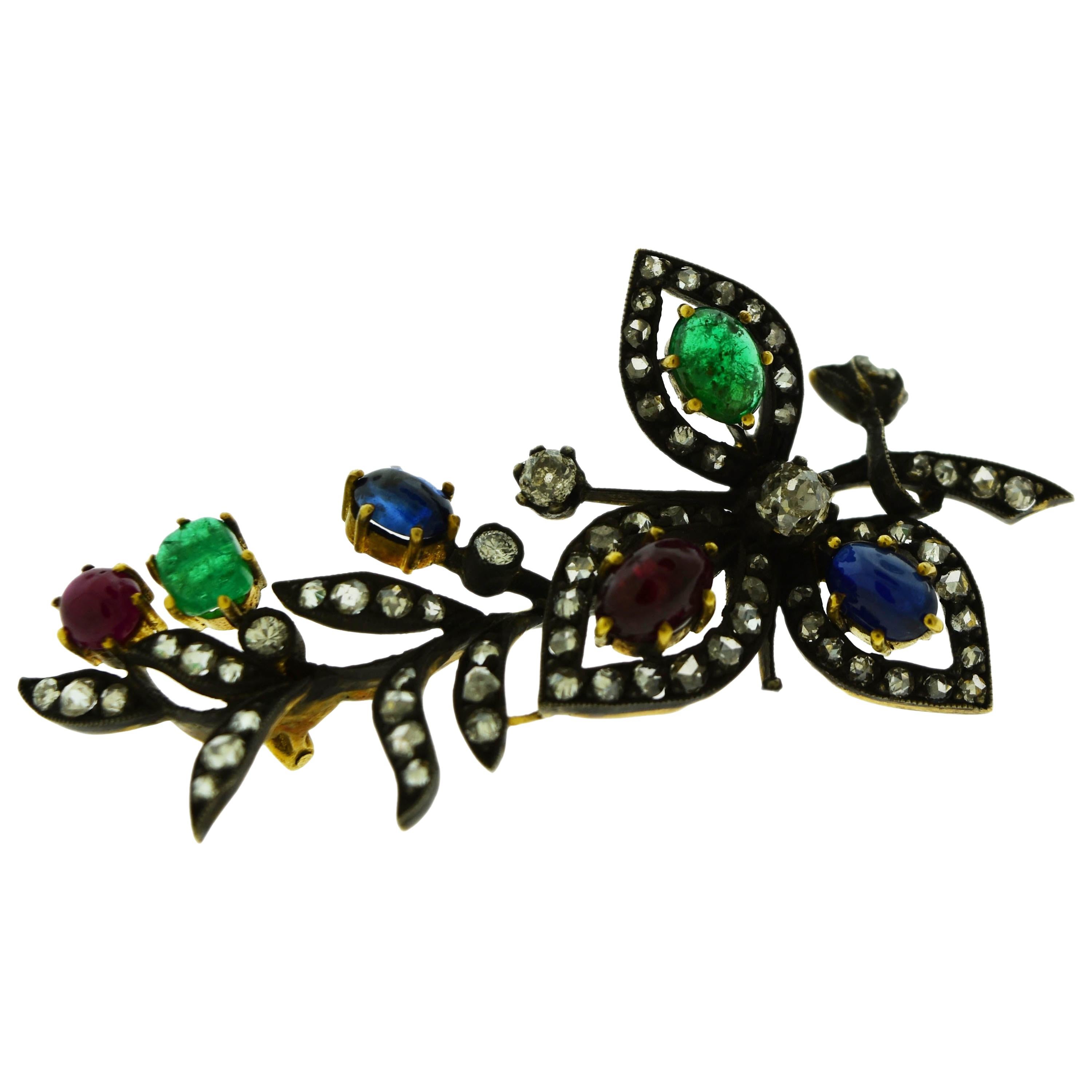 Ruby, Emerald, Blue Sapphire and Diamond Set in 18 Karat Gold Brooch For Sale