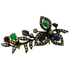 Antique Ruby, Emerald, Blue Sapphire and Diamond Set in 18 Karat Gold Brooch