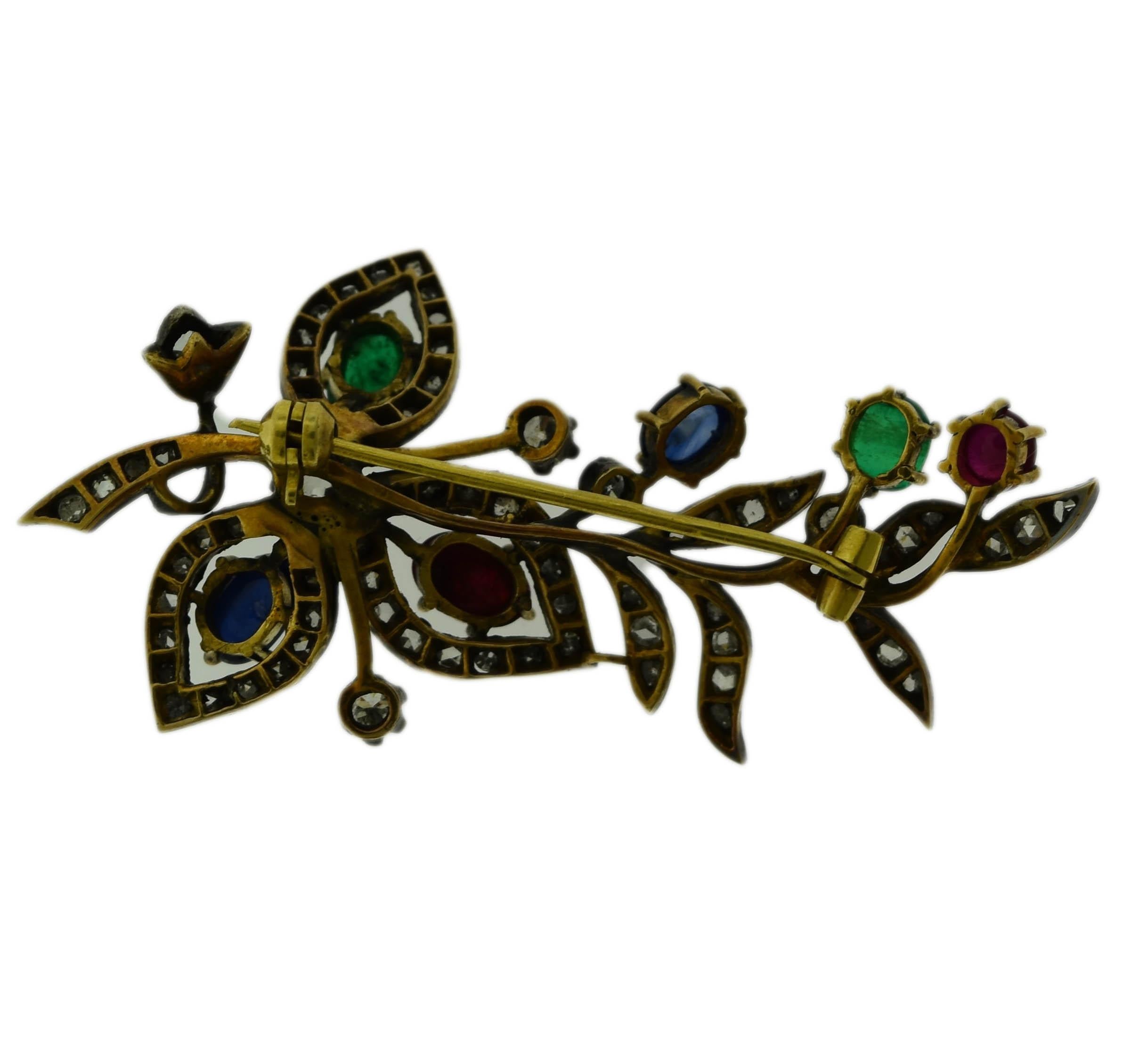 Cabochon Ruby, Emerald, Blue Sapphire and Diamond Set in 18 Karat Gold Brooch For Sale