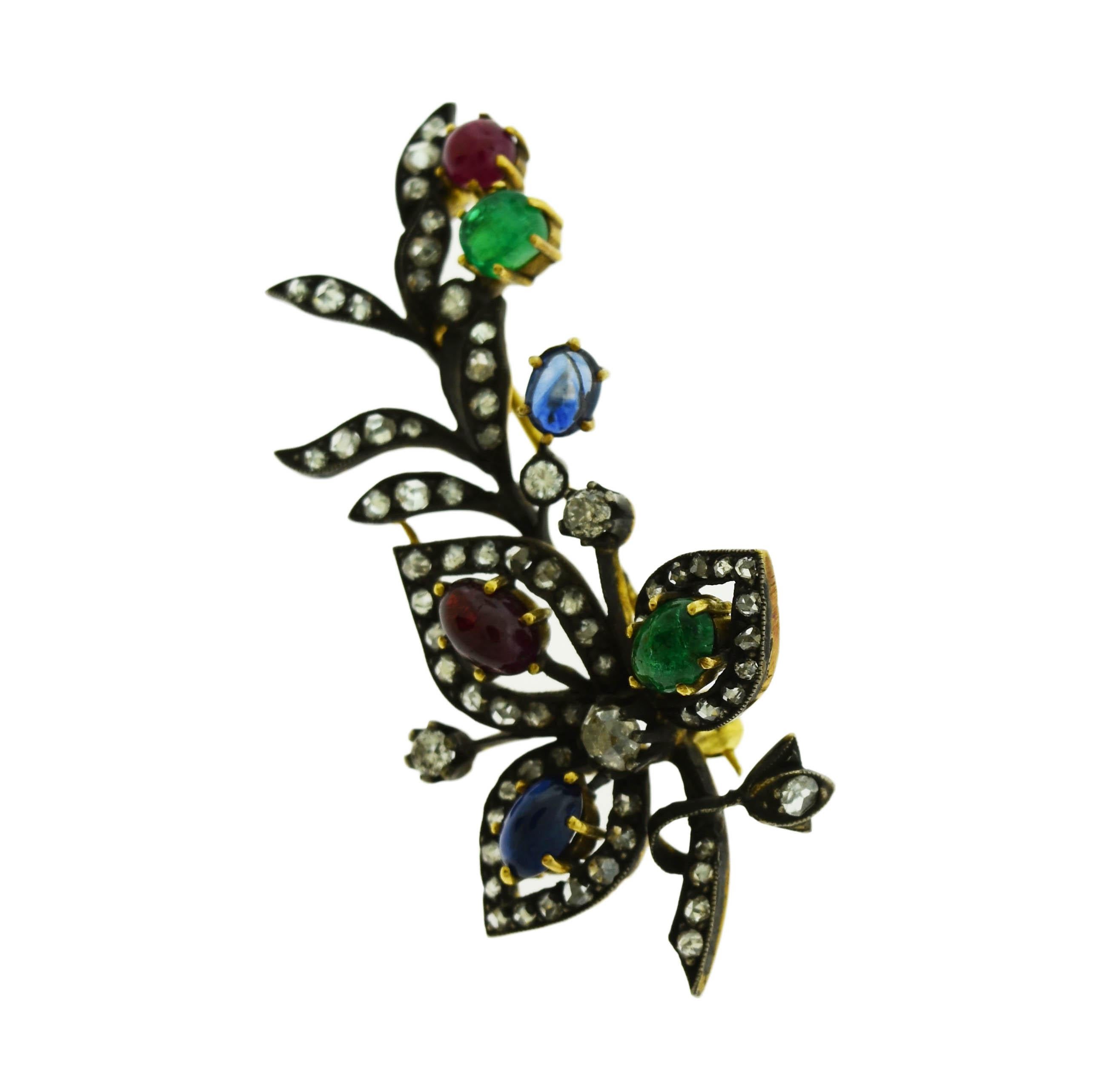 Ruby, Emerald, Blue Sapphire and Diamond Set in 18 Karat Gold Brooch In Excellent Condition For Sale In Miami, FL