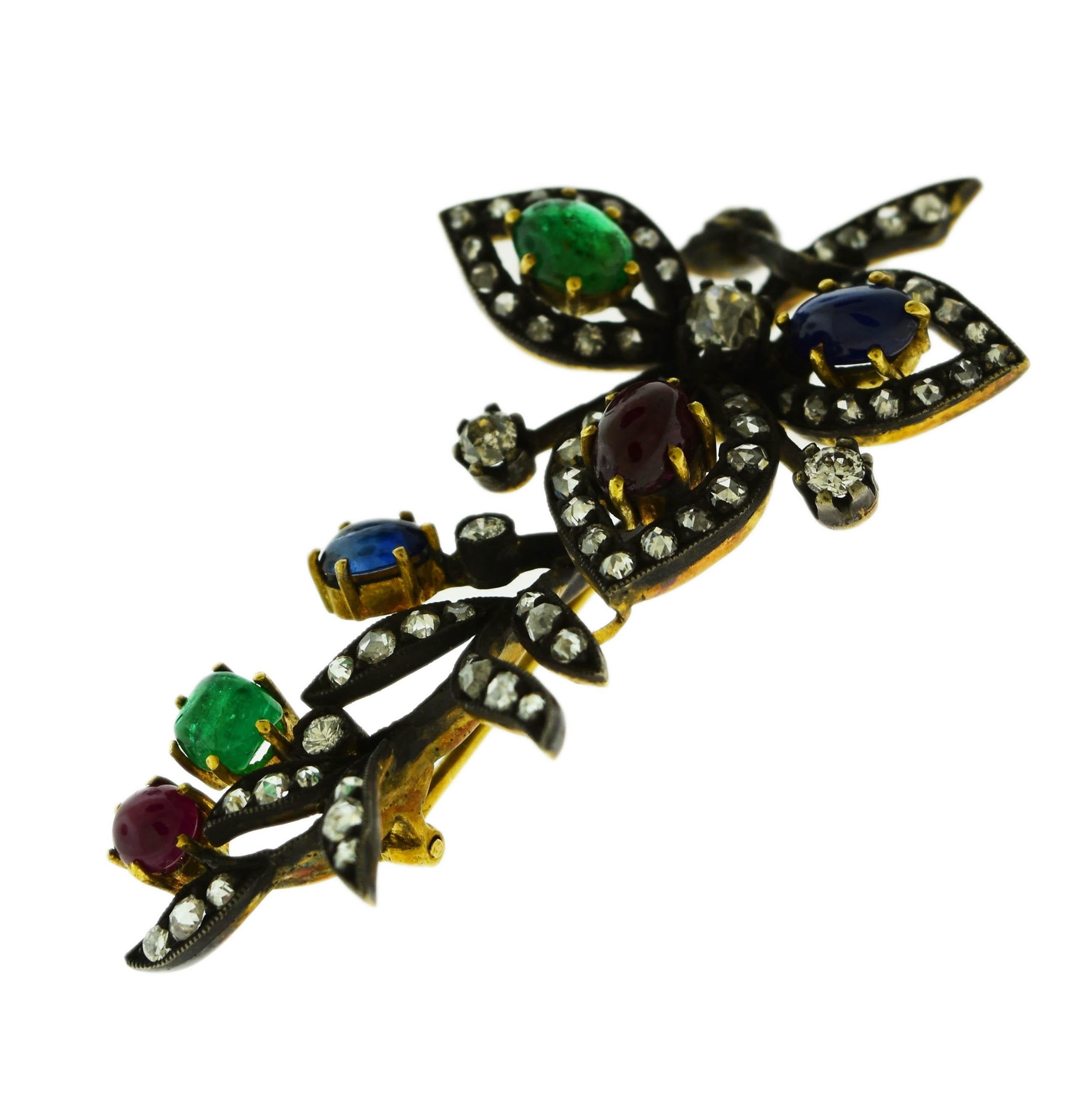 Women's Ruby, Emerald, Blue Sapphire and Diamond Set in 18 Karat Gold Brooch For Sale