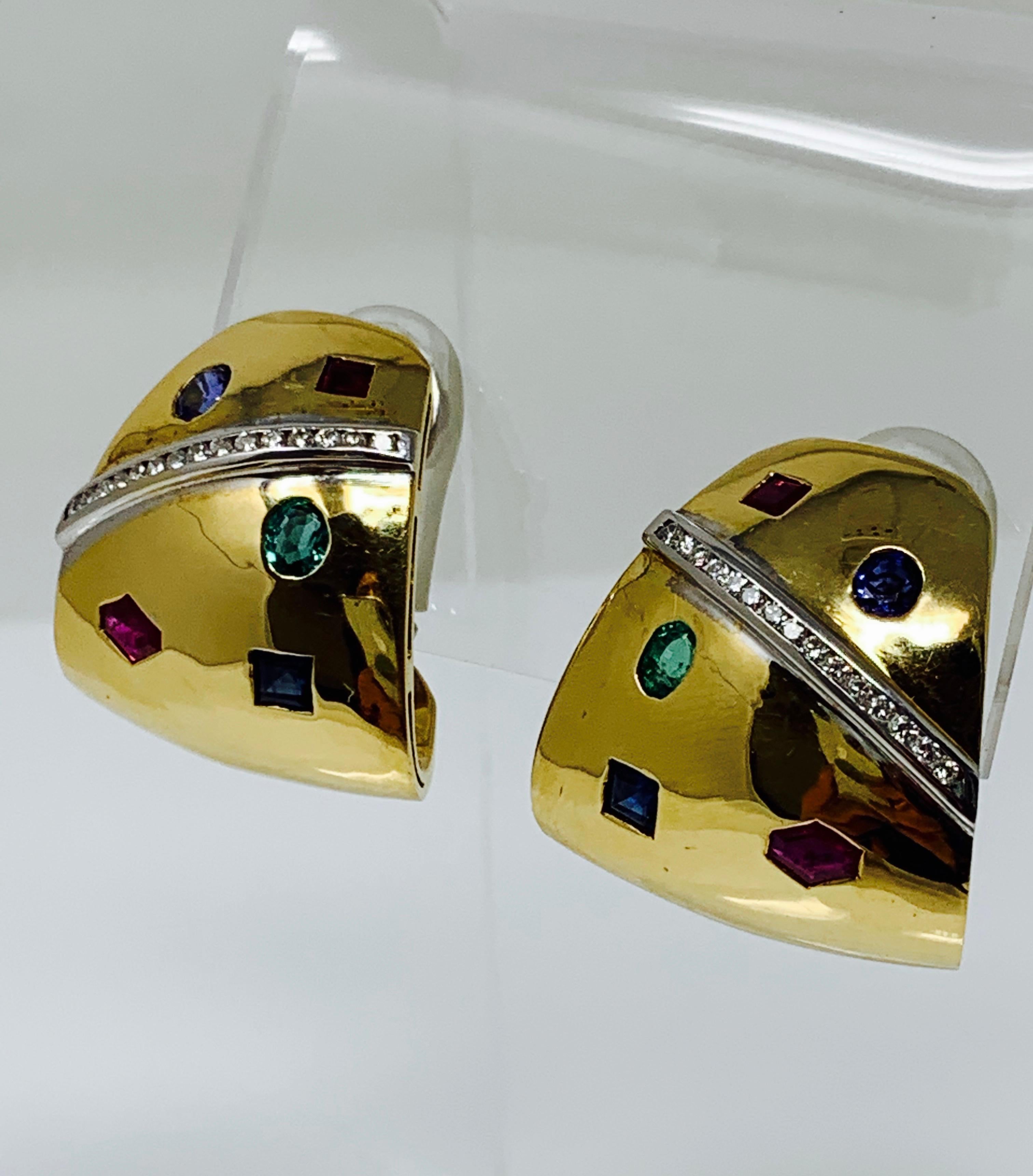 Round Cut Ruby, Emerald, Blue Sapphire and Diamond Studs in 18 Karat Yellow Gold For Sale