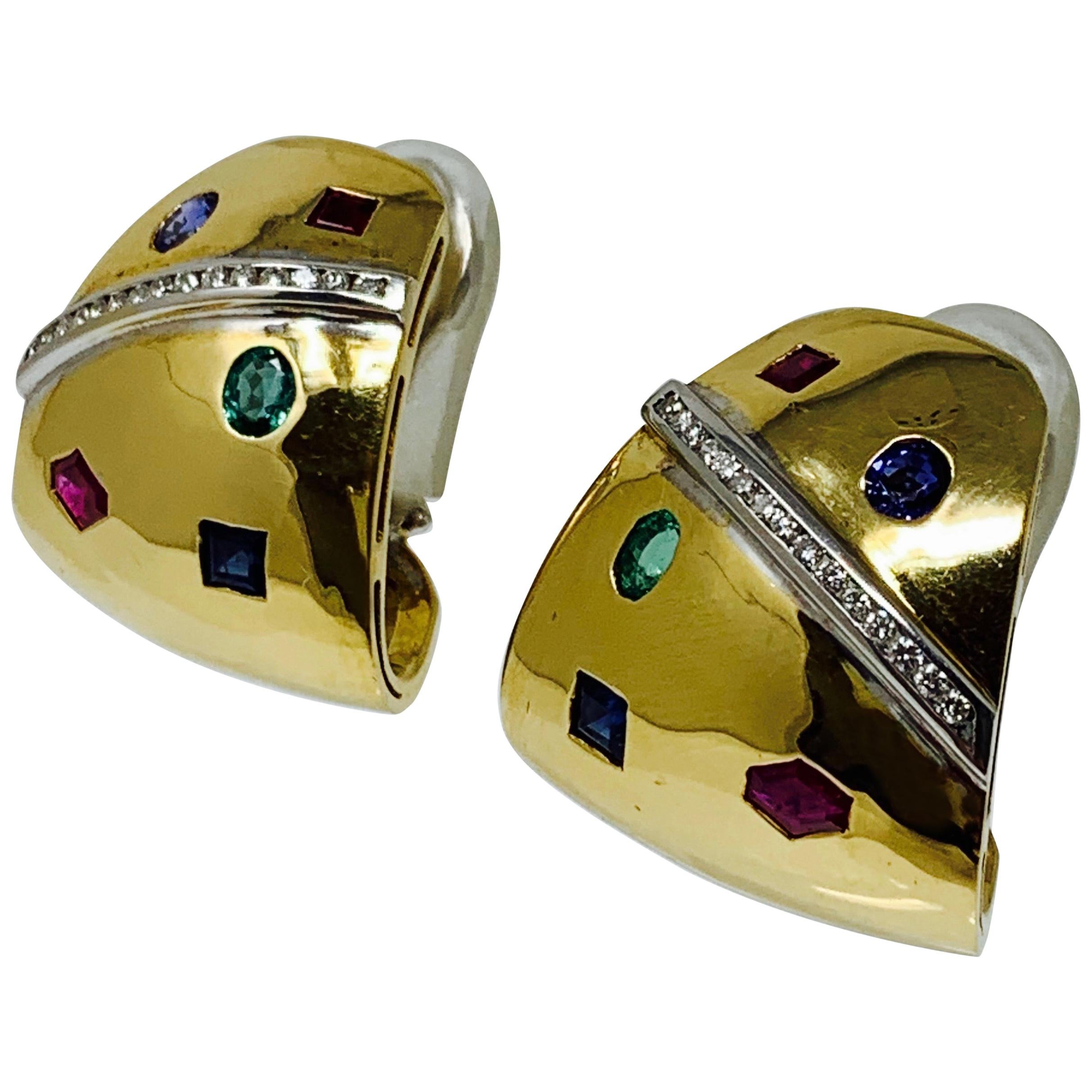 Ruby, Emerald, Blue Sapphire and Diamond Studs in 18 Karat Yellow Gold