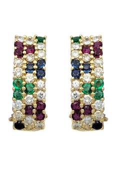 Ruby, Emerald, Blue Sapphire & Diamond J Hoop Earrings in 18 Karat Yellow Gold