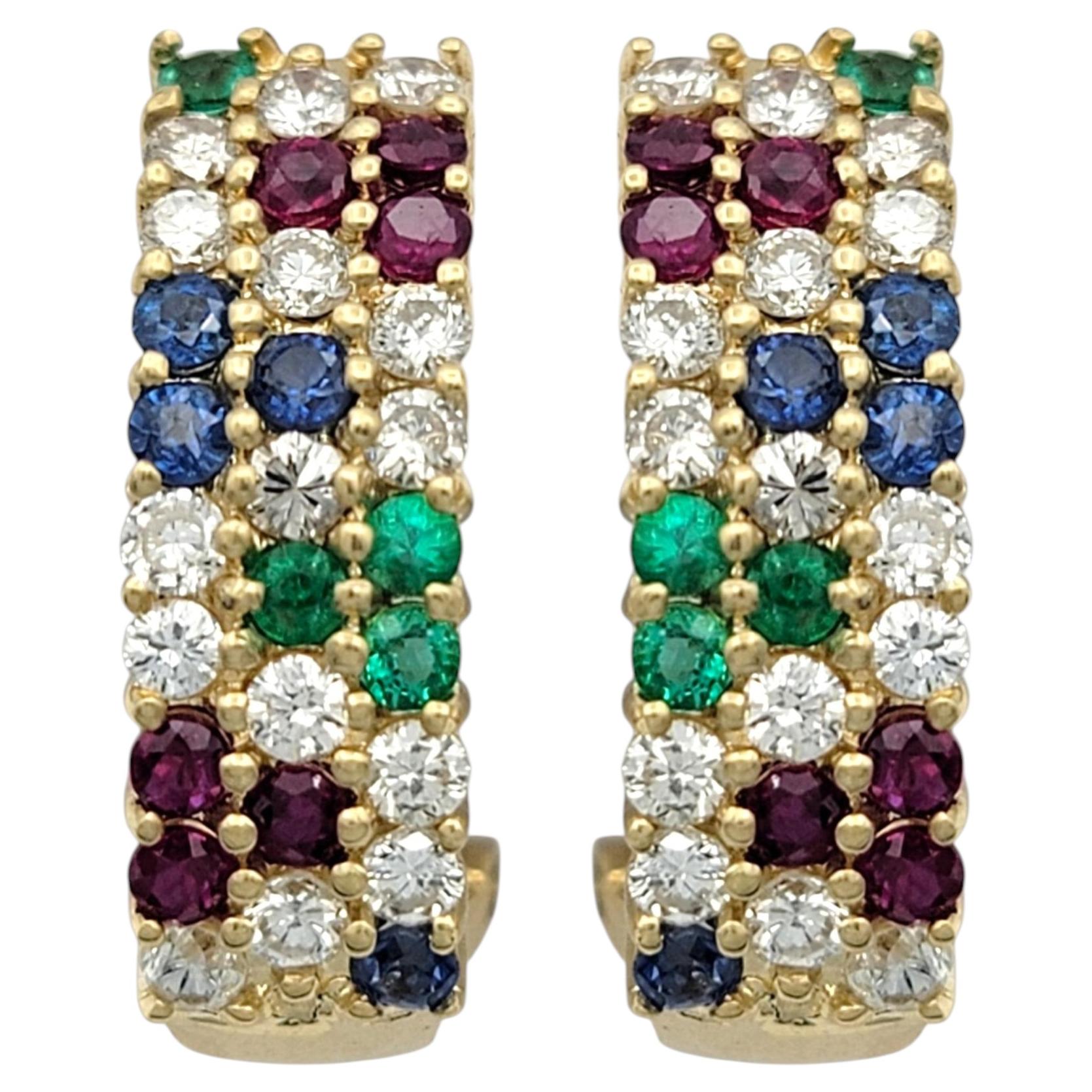 Ruby, Emerald, Blue Sapphire & Diamond J Hoop Earrings in 18 Karat Yellow Gold For Sale
