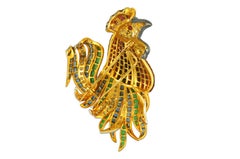 Ruby, Emerald, Blue Sapphire, Diamond Rooster Brooch Set in 18K