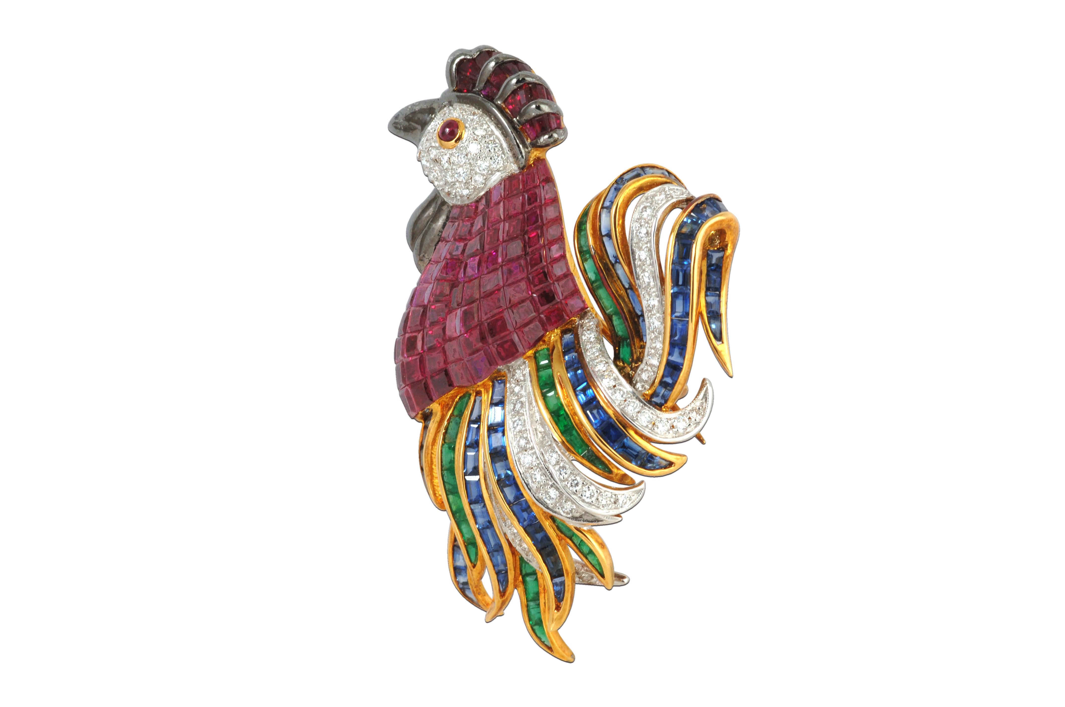 Square Cut Ruby, Emerald, Blue Sapphire, Diamond Rooster Brooch Set in 18K