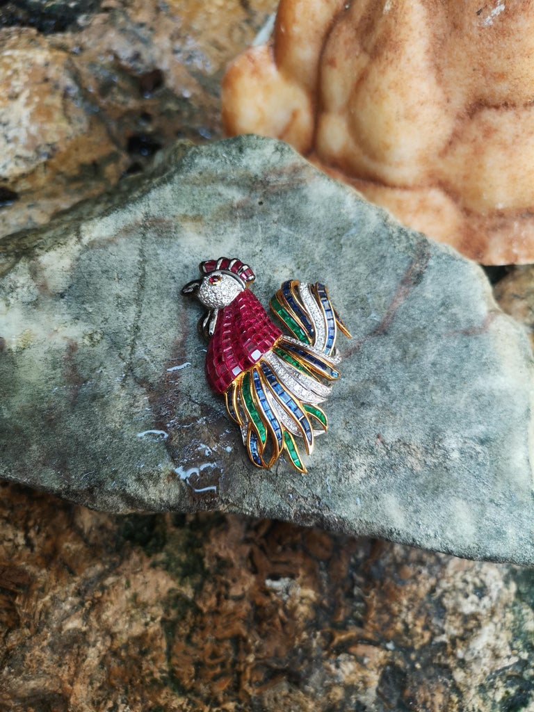 Ruby, Emerald, Blue Sapphire, Diamond Rooster Brooch Set in 18K at 1stDibs