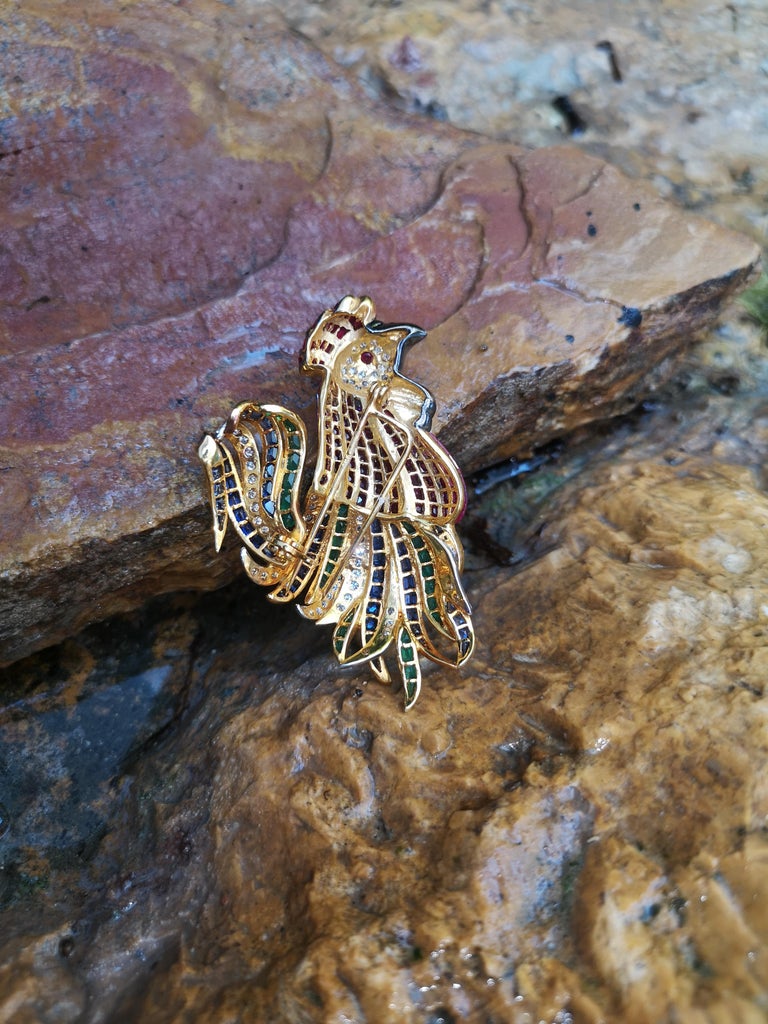 Ruby, Emerald, Blue Sapphire, Diamond Rooster Brooch Set in 18K at 1stDibs