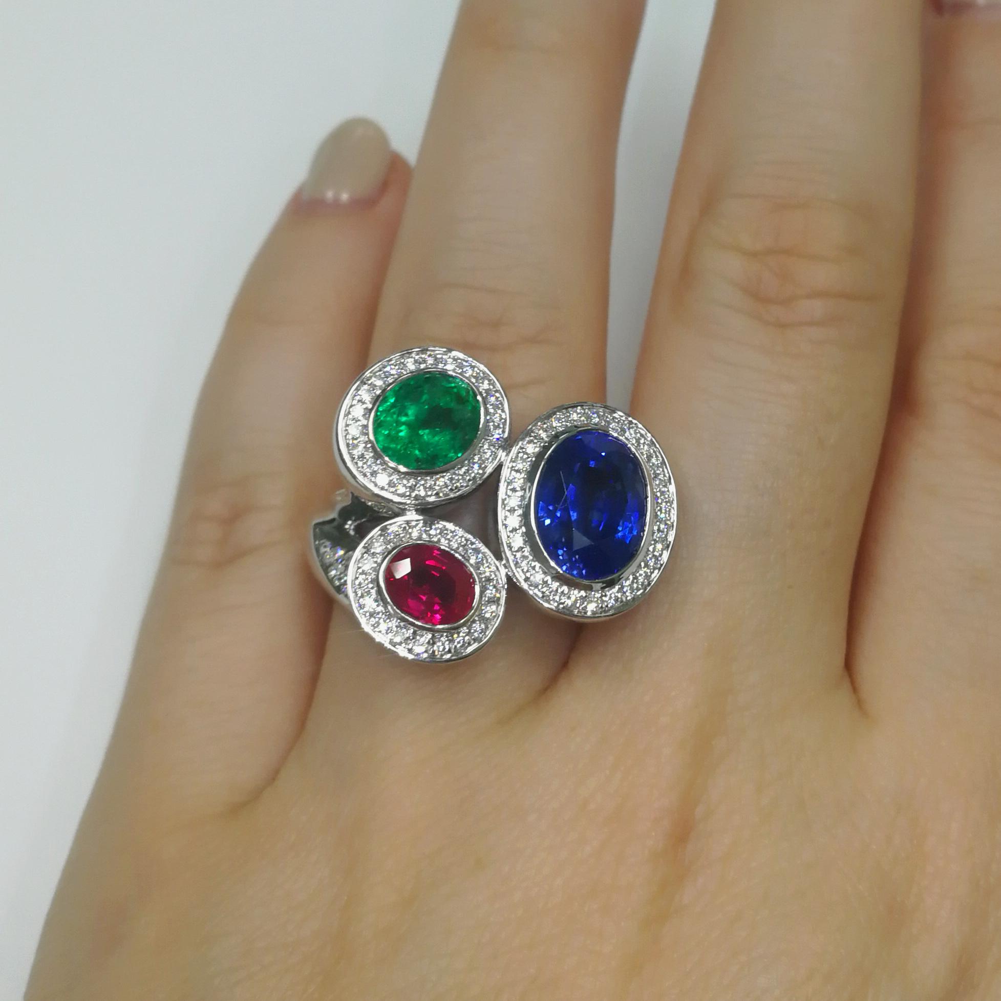 Ruby Emerald Blue Sapphire Diamonds 18 Karat White Gold Trio Ring For Sale 2