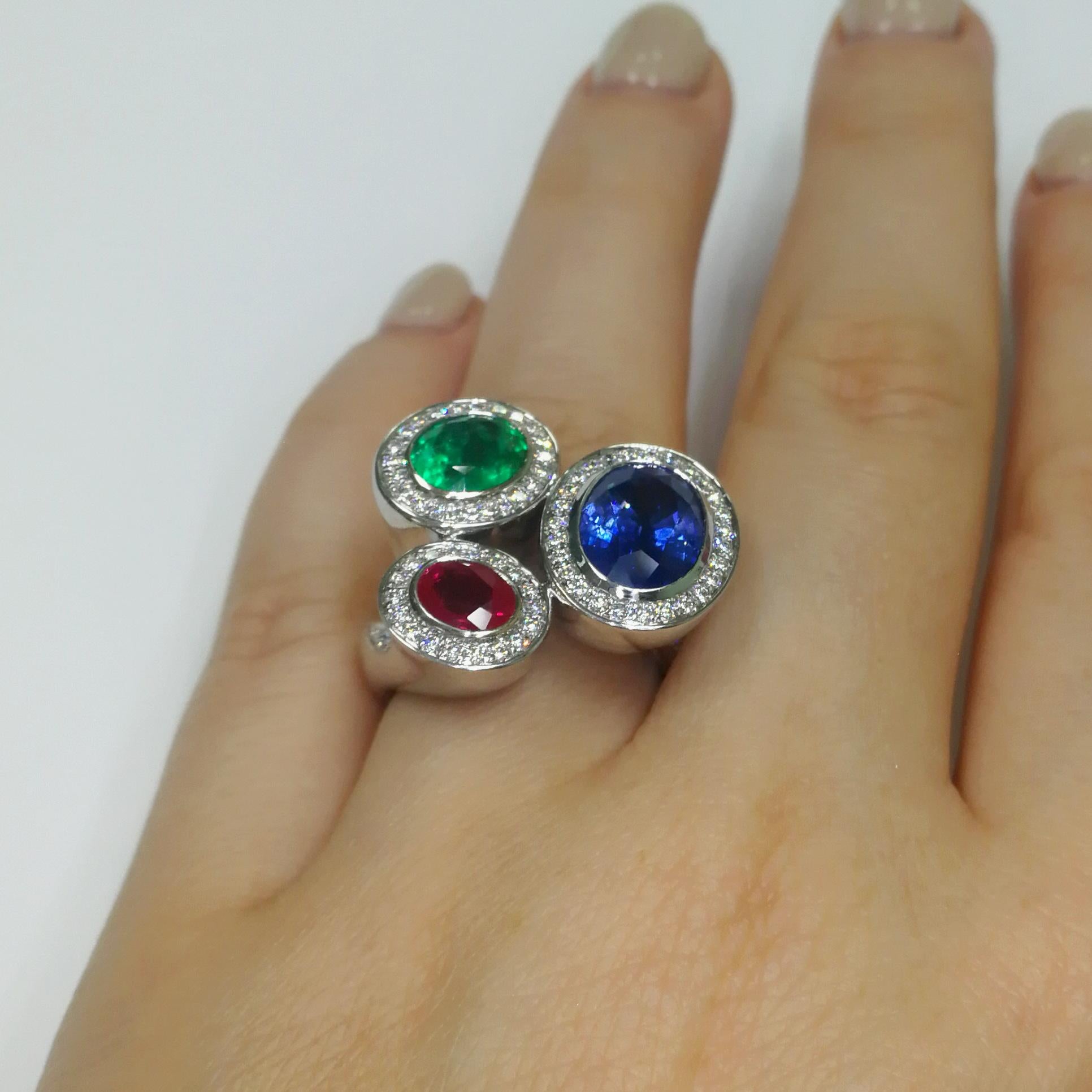 Ruby Emerald Blue Sapphire Diamonds 18 Karat White Gold Trio Ring For Sale 3
