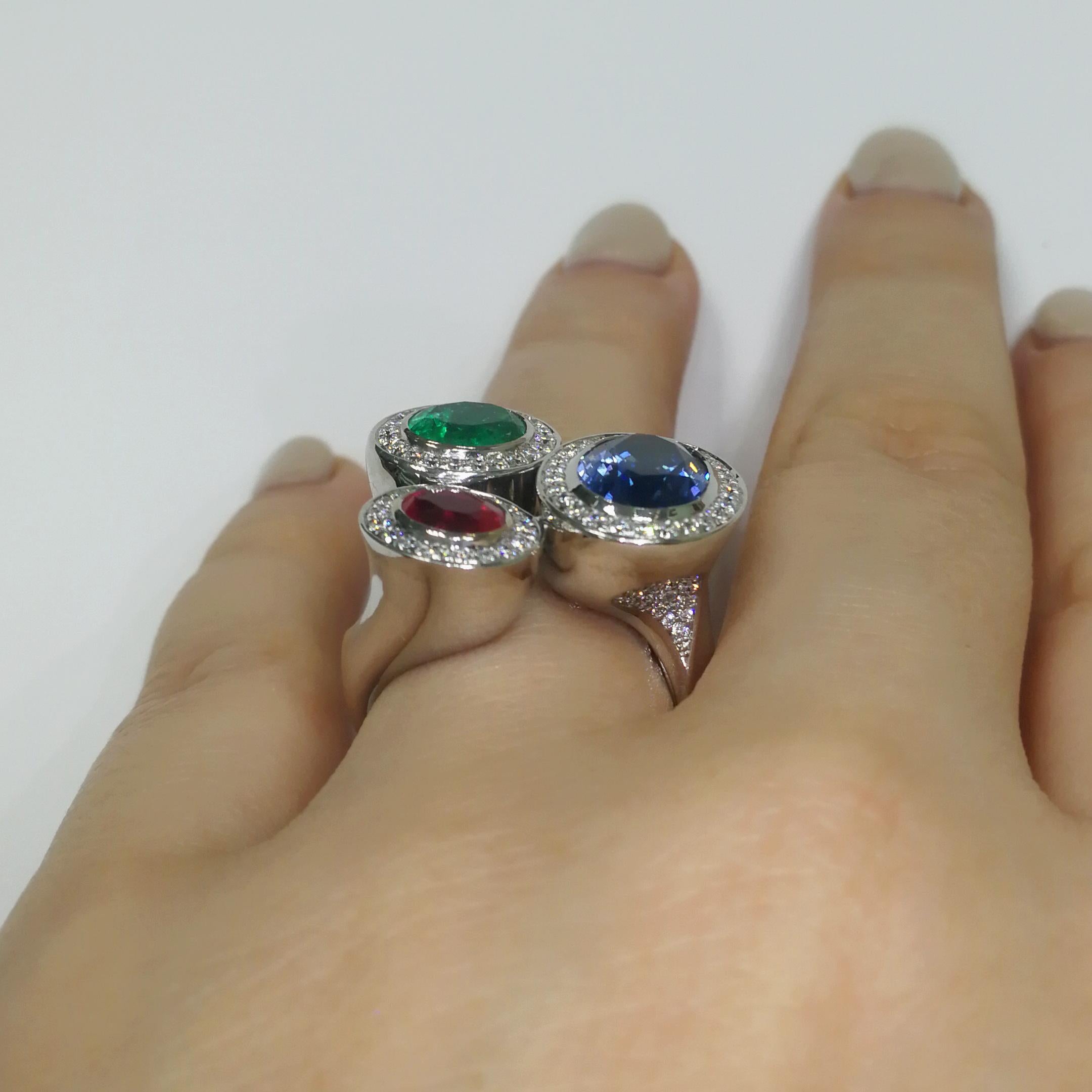 Ruby Emerald Blue Sapphire Diamonds 18 Karat White Gold Trio Ring For Sale 4