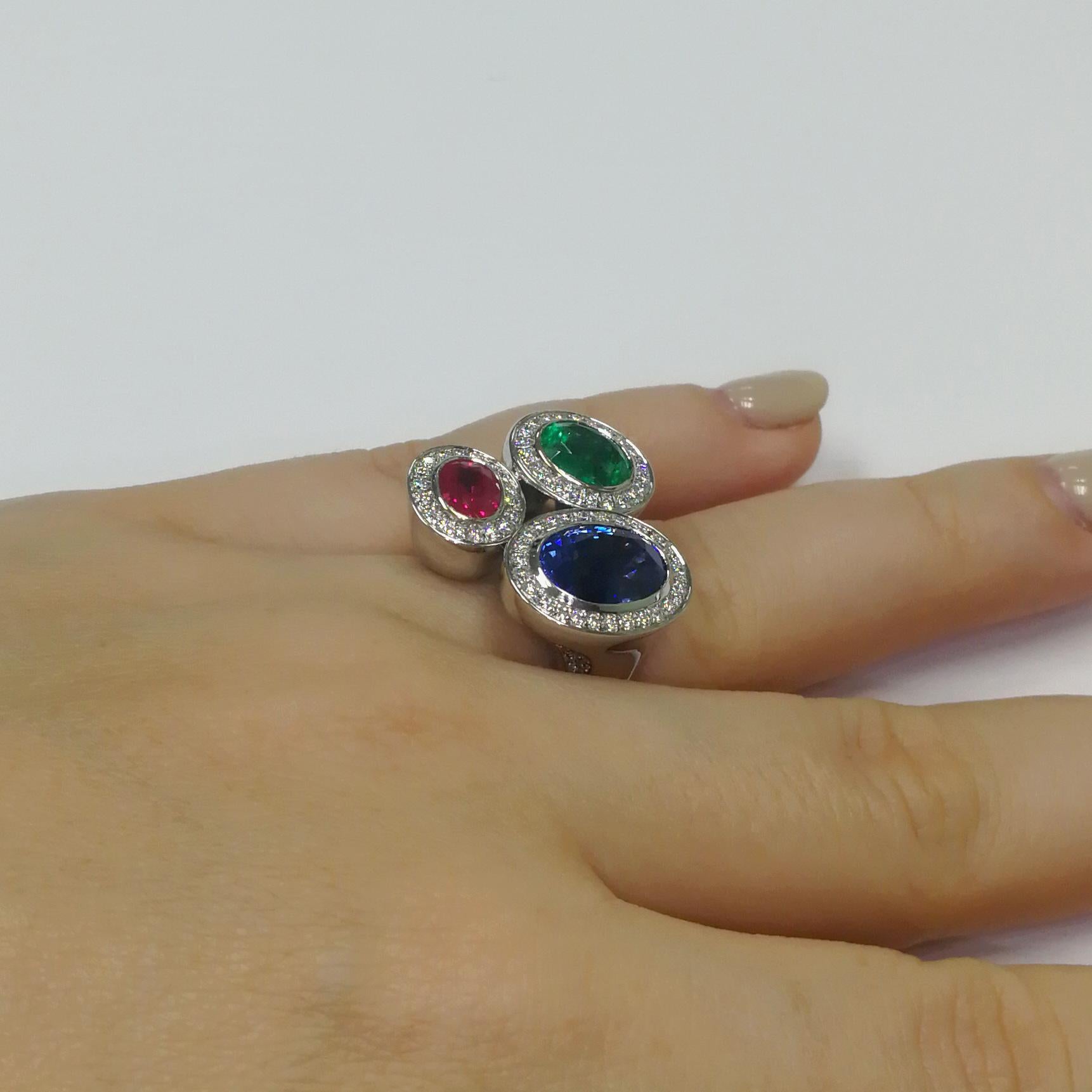 Ruby Emerald Blue Sapphire Diamonds 18 Karat White Gold Trio Ring For Sale 5