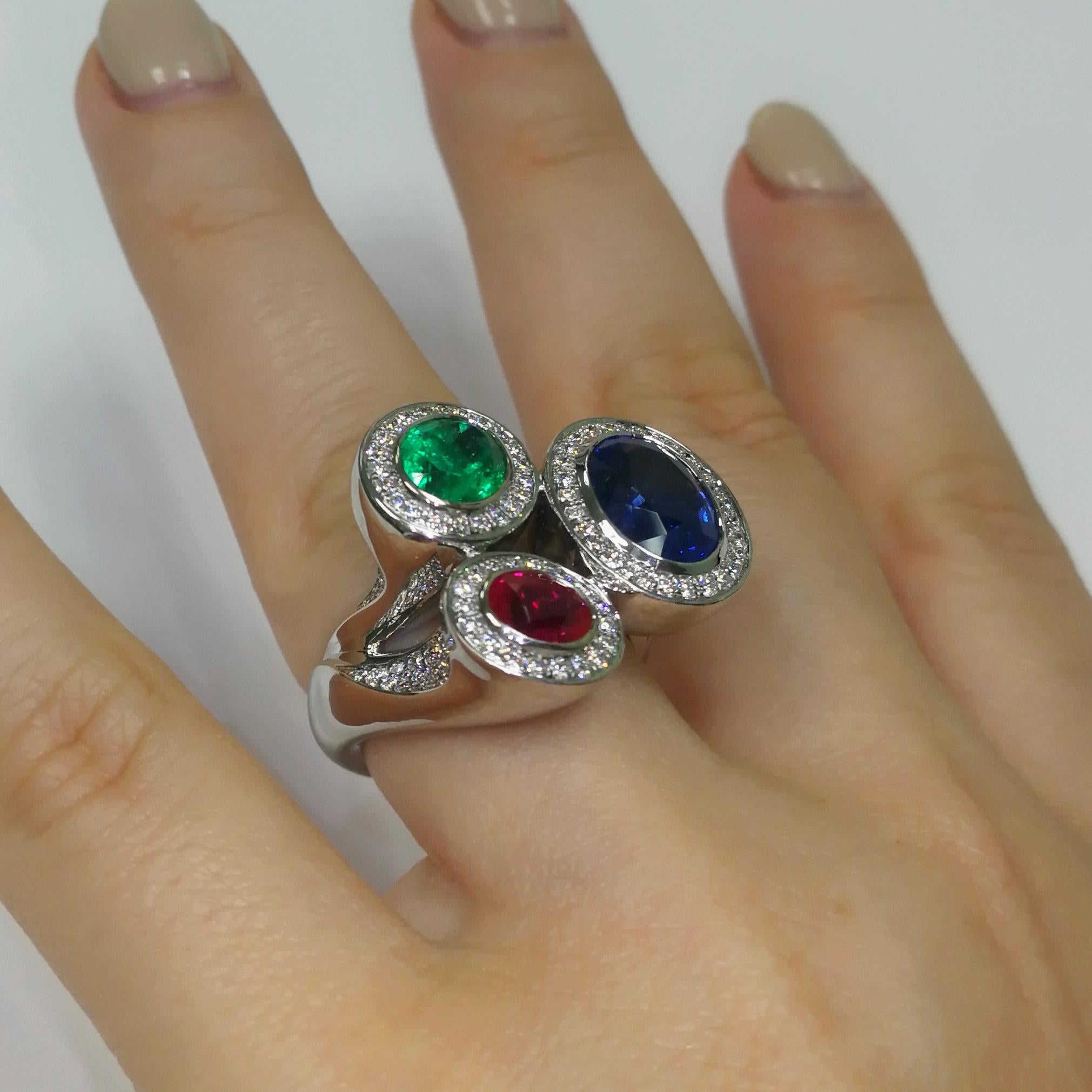 Ruby Emerald Blue Sapphire Diamonds 18 Karat White Gold Trio Ring For Sale 6