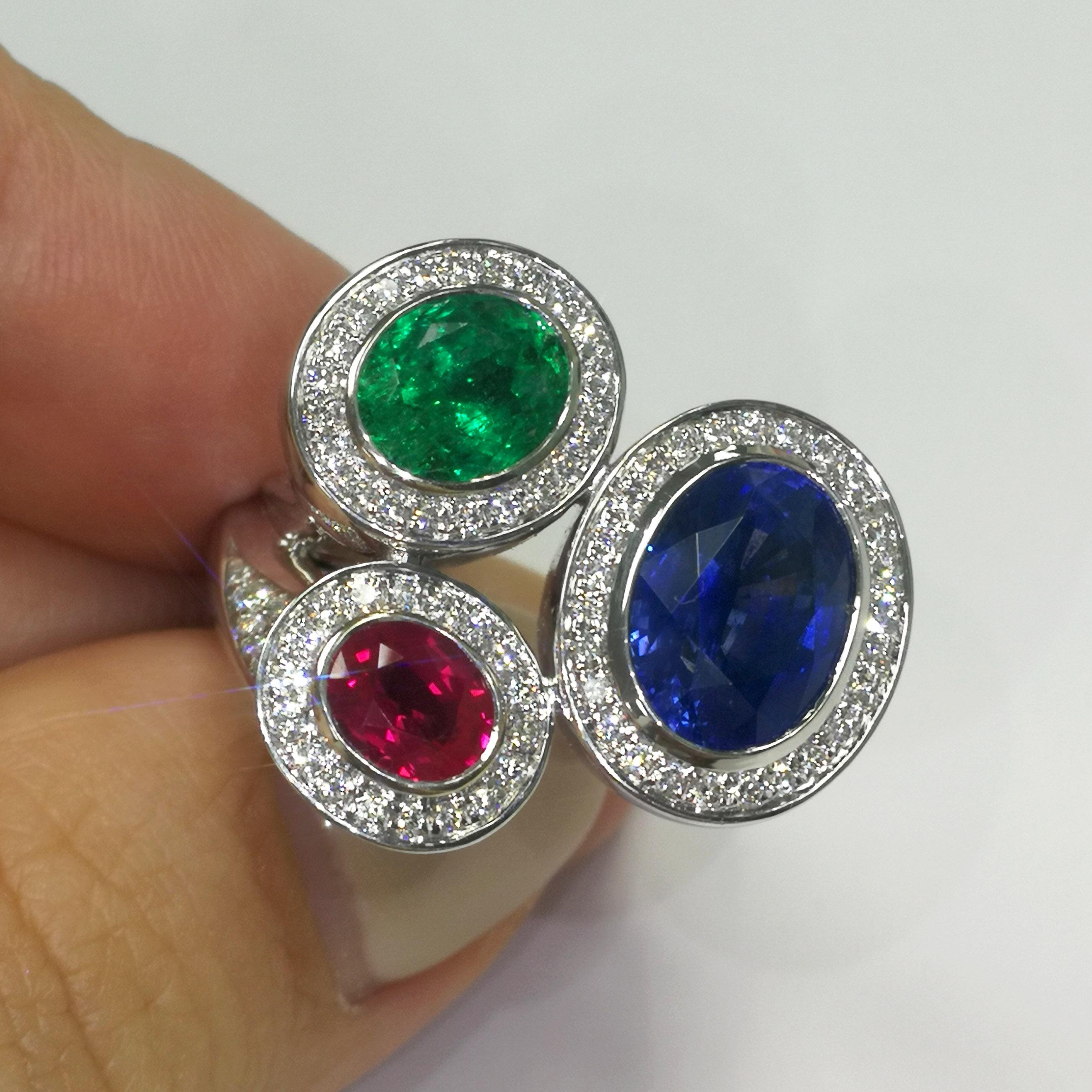Contemporary Ruby Emerald Blue Sapphire Diamonds 18 Karat White Gold Trio Ring For Sale
