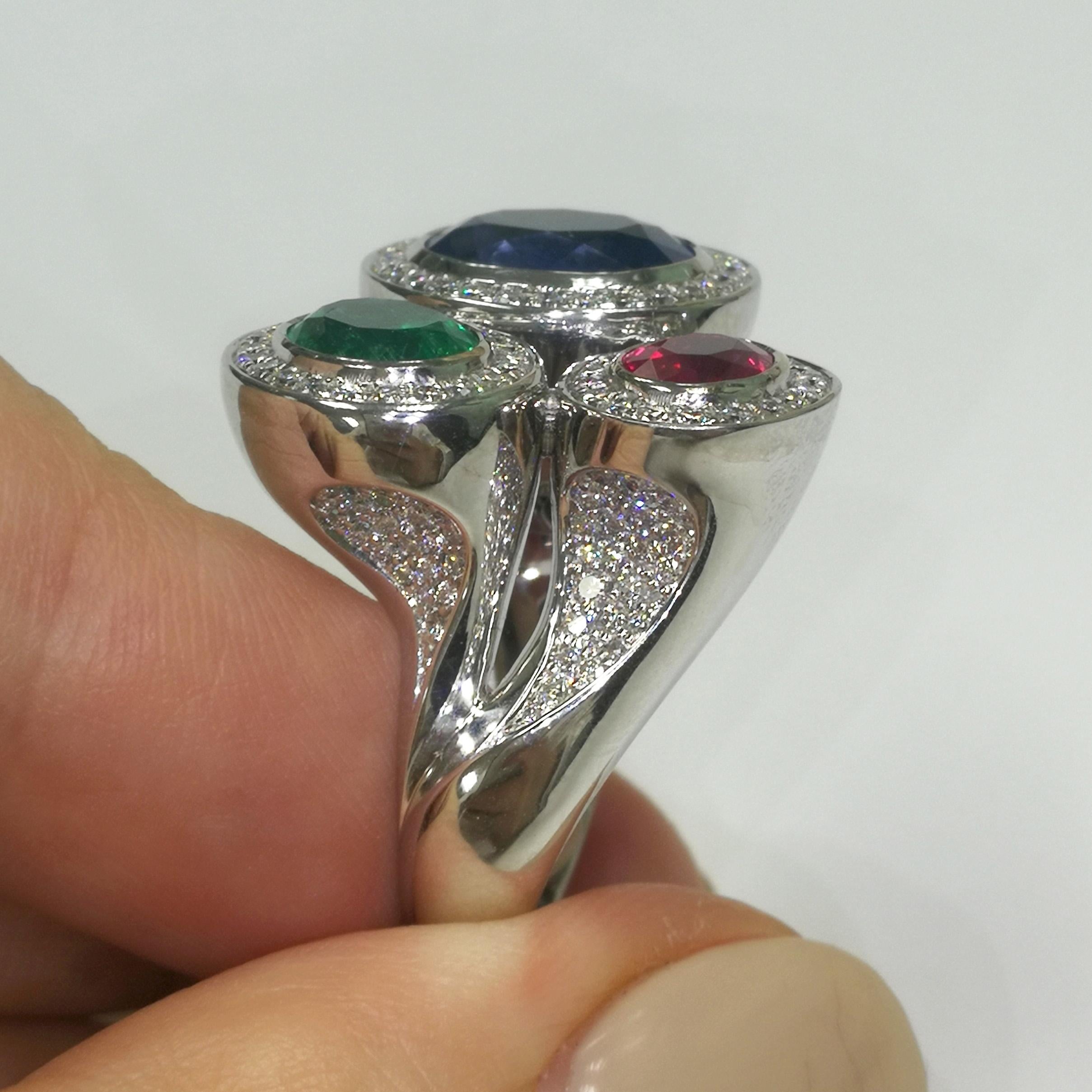 Women's Ruby Emerald Blue Sapphire Diamonds 18 Karat White Gold Trio Ring For Sale