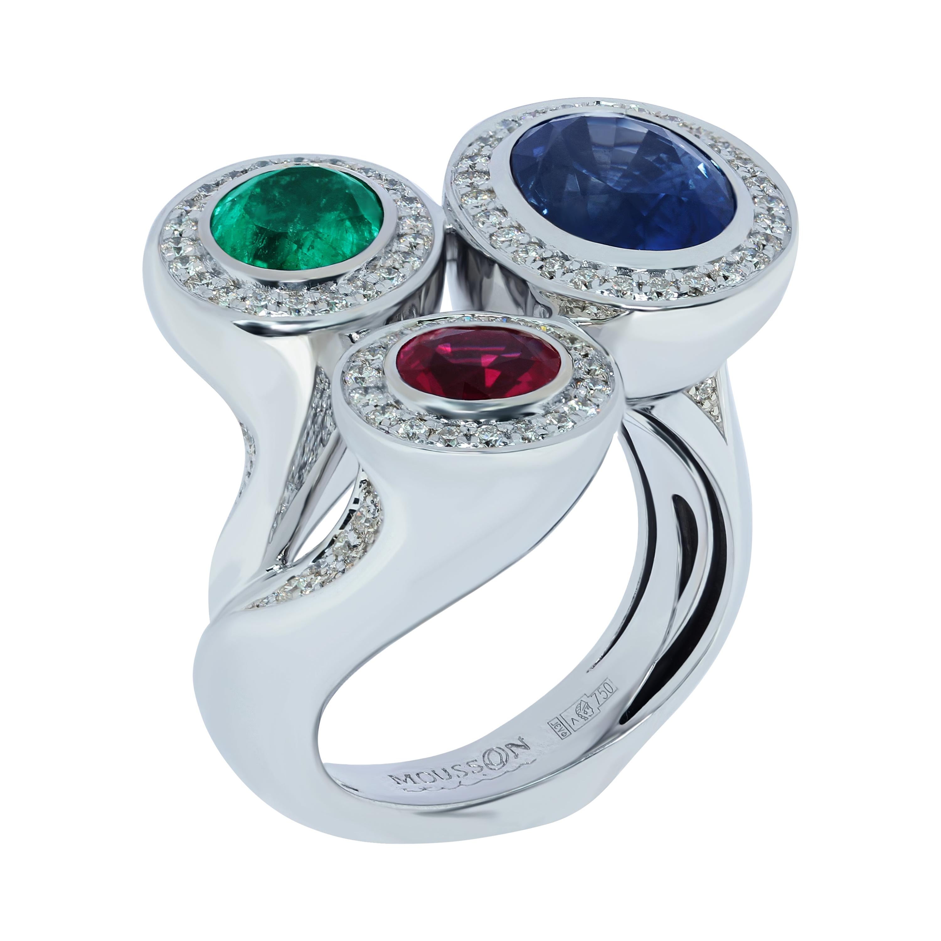 Ruby Emerald Blue Sapphire Diamonds 18 Karat White Gold Trio Ring For Sale