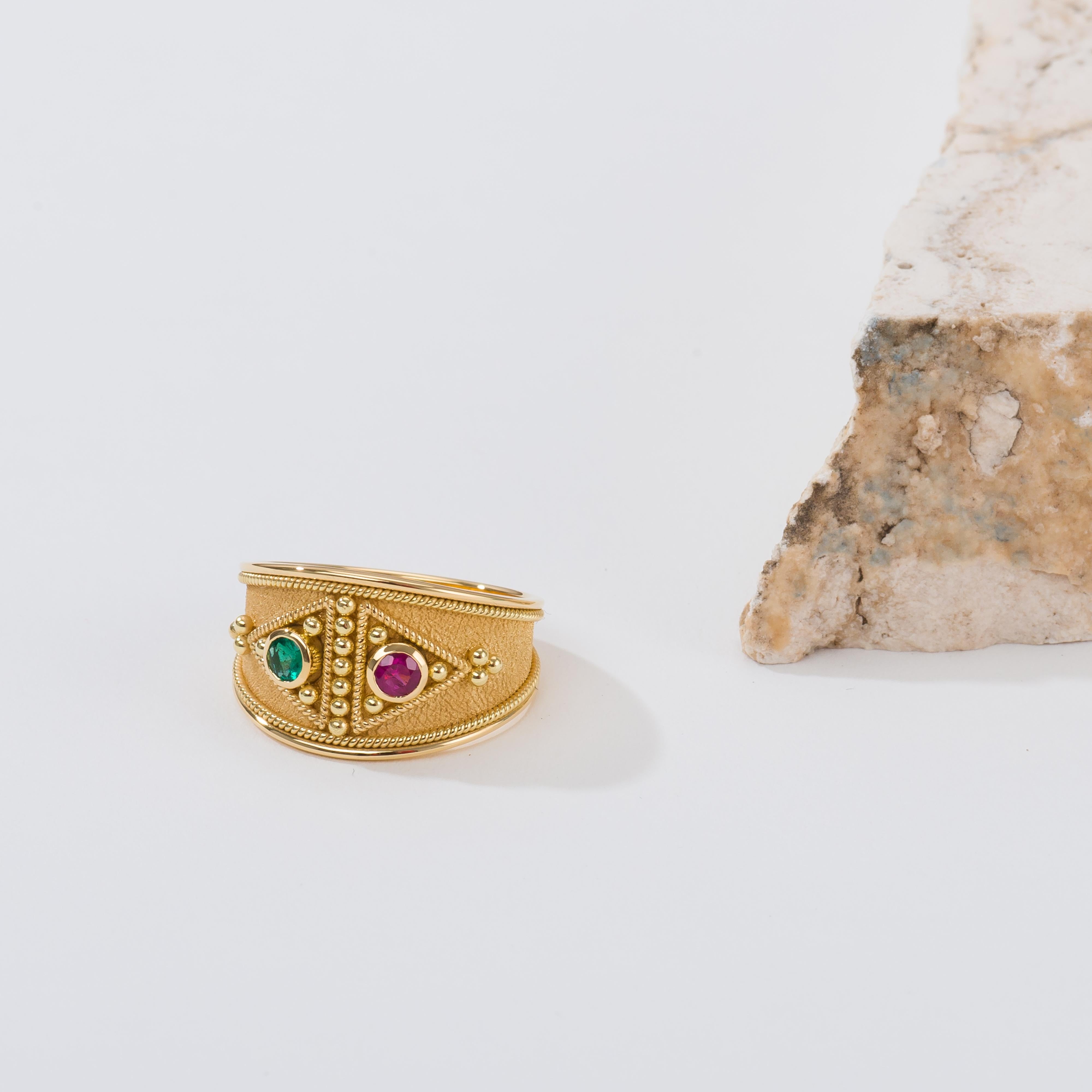 Admire the enchanting design of interlocking gold rope triangles, each embracing a round emerald and a round ruby, a harmonious blend of shape and color that adds a touch of elegance and mystique to your style.

100% handmade in our