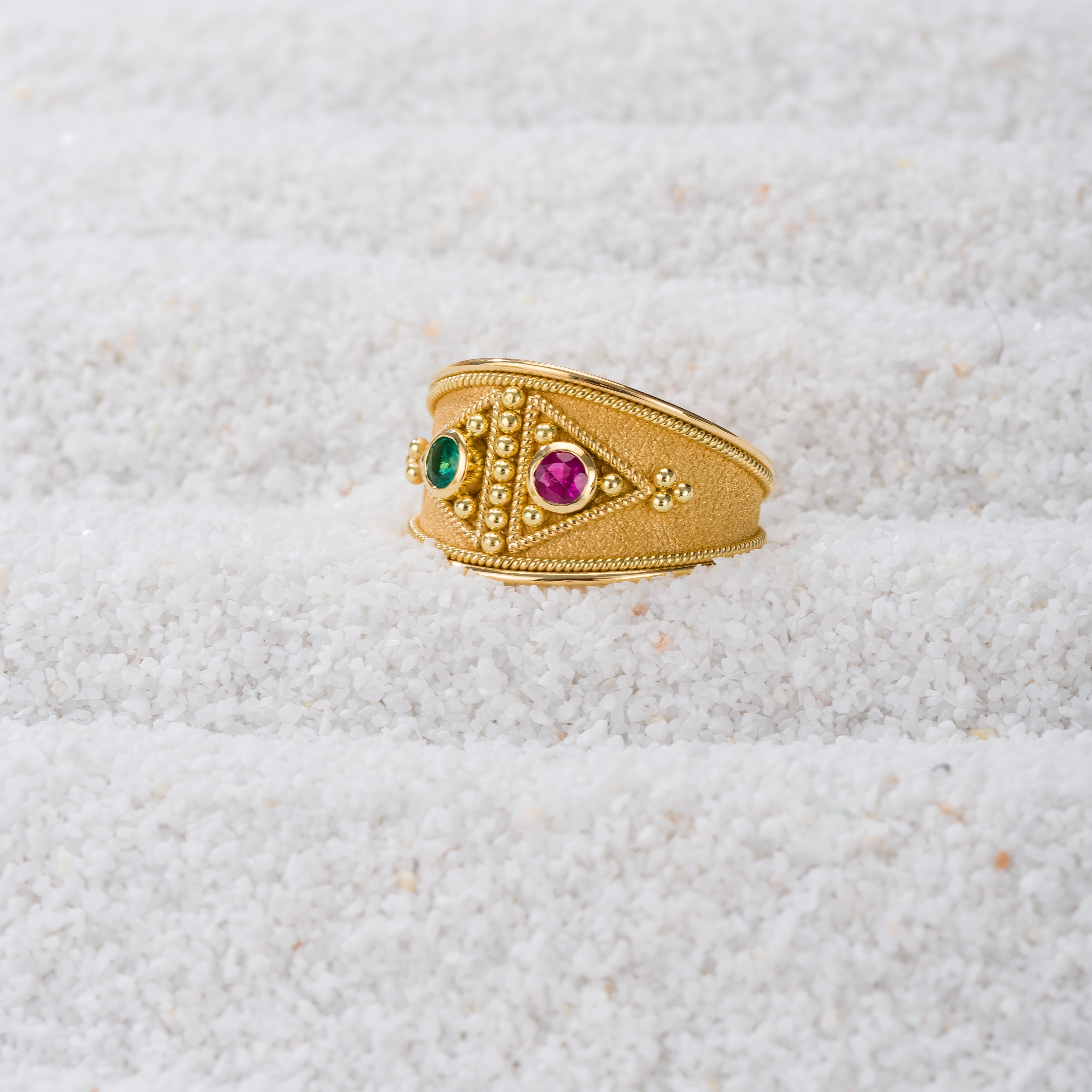Women's Ruby Emerald Byzantine Gold Ring For Sale