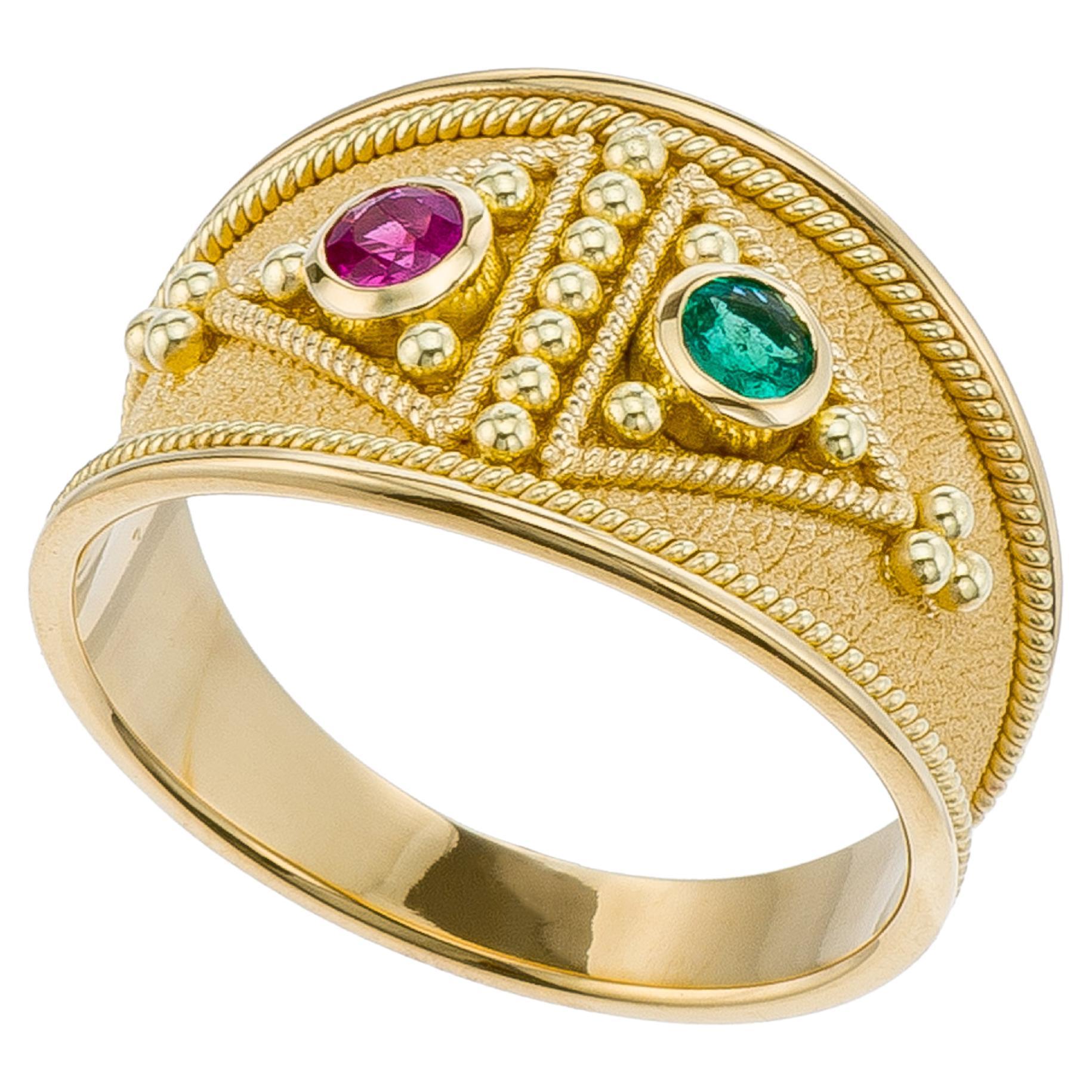 Ruby Emerald Byzantine Gold Ring For Sale