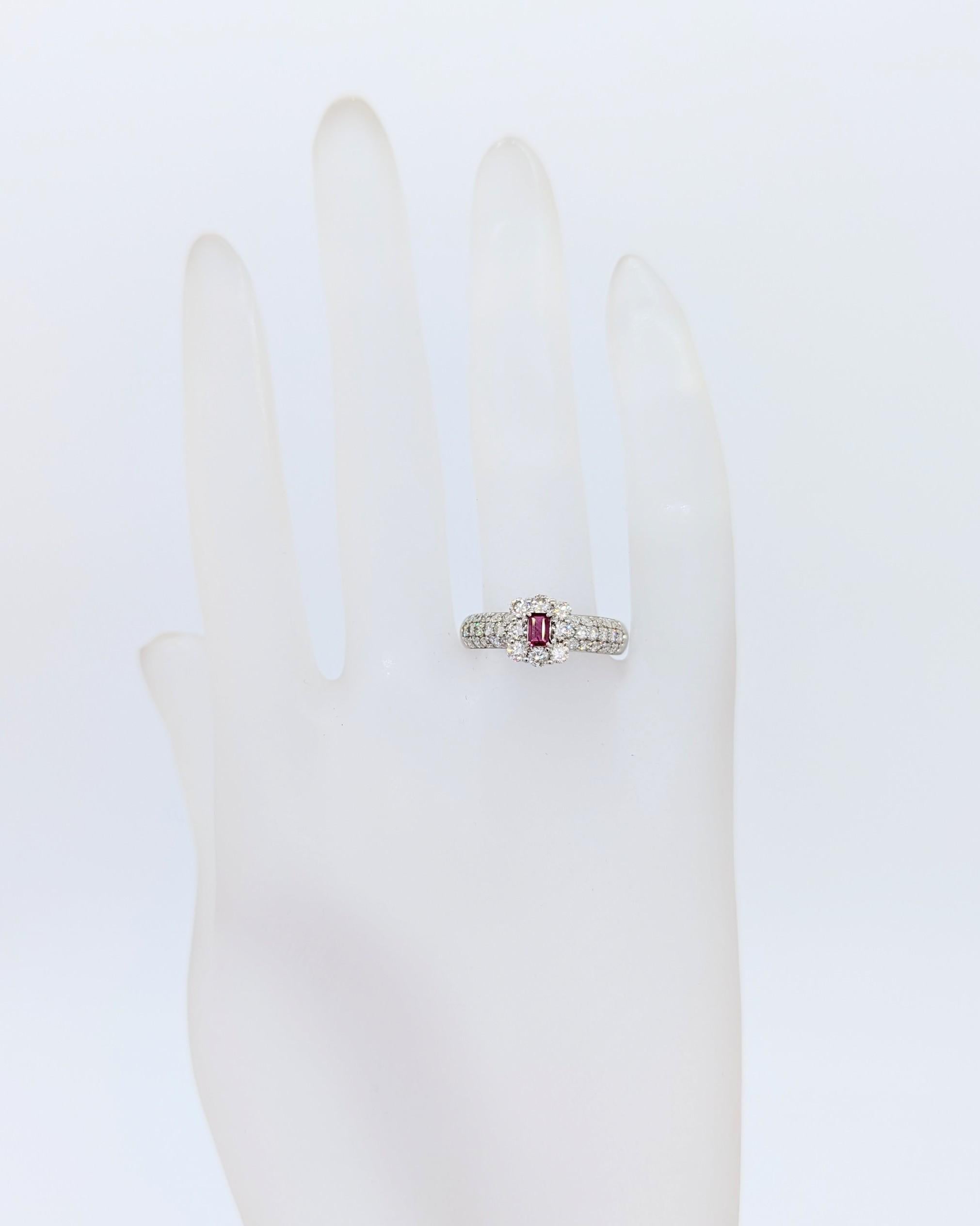 Ruby Emerald Cut and White Diamond Round Ring in Platinum In New Condition In Los Angeles, CA