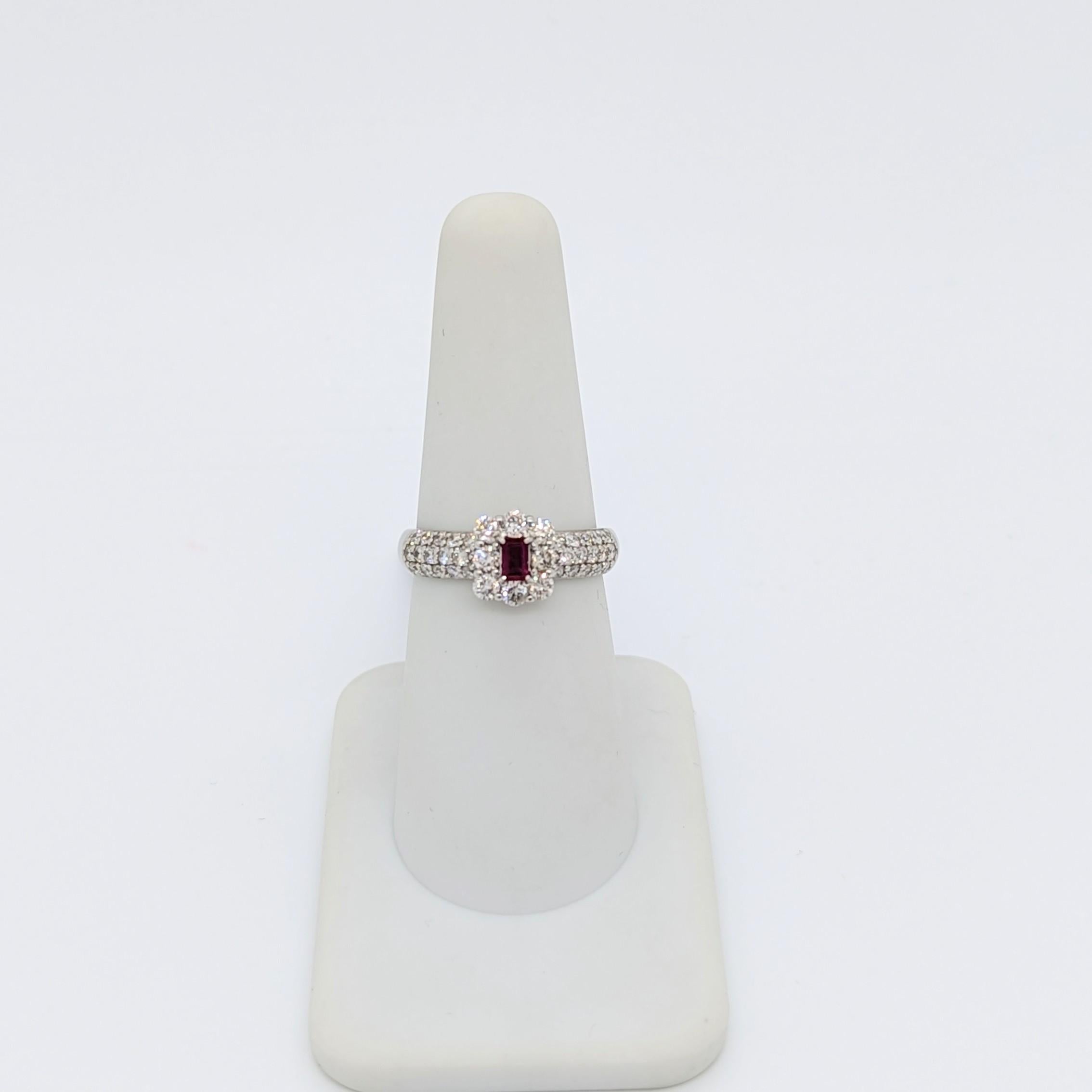 Women's or Men's Ruby Emerald Cut and White Diamond Round Ring in Platinum