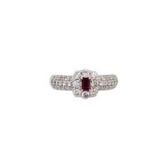 Ruby Emerald Cut and White Diamond Round Ring in Platinum