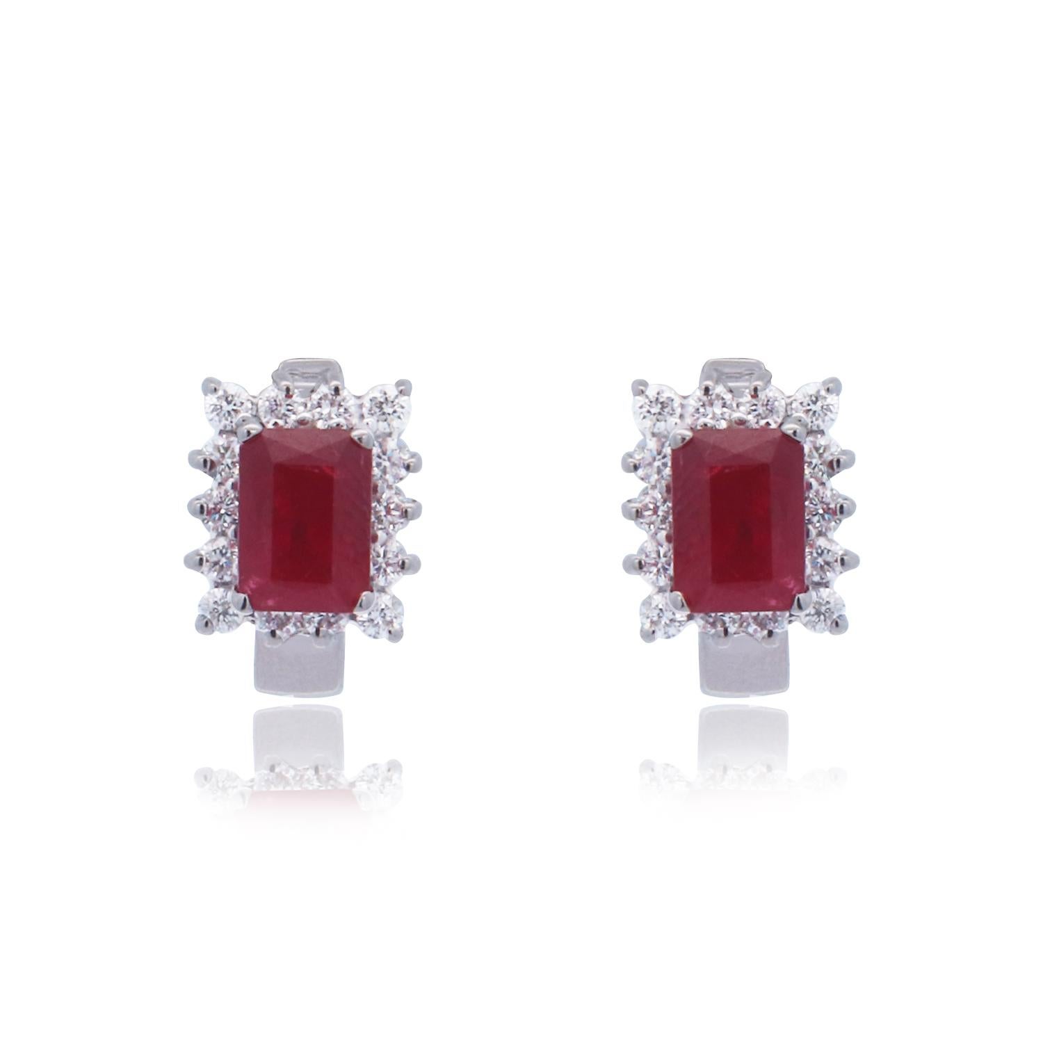 Ruby Emerald Cut Diamond Halo Huggie Earrings 18K White Gold In New Condition For Sale In GREAT NECK, NY