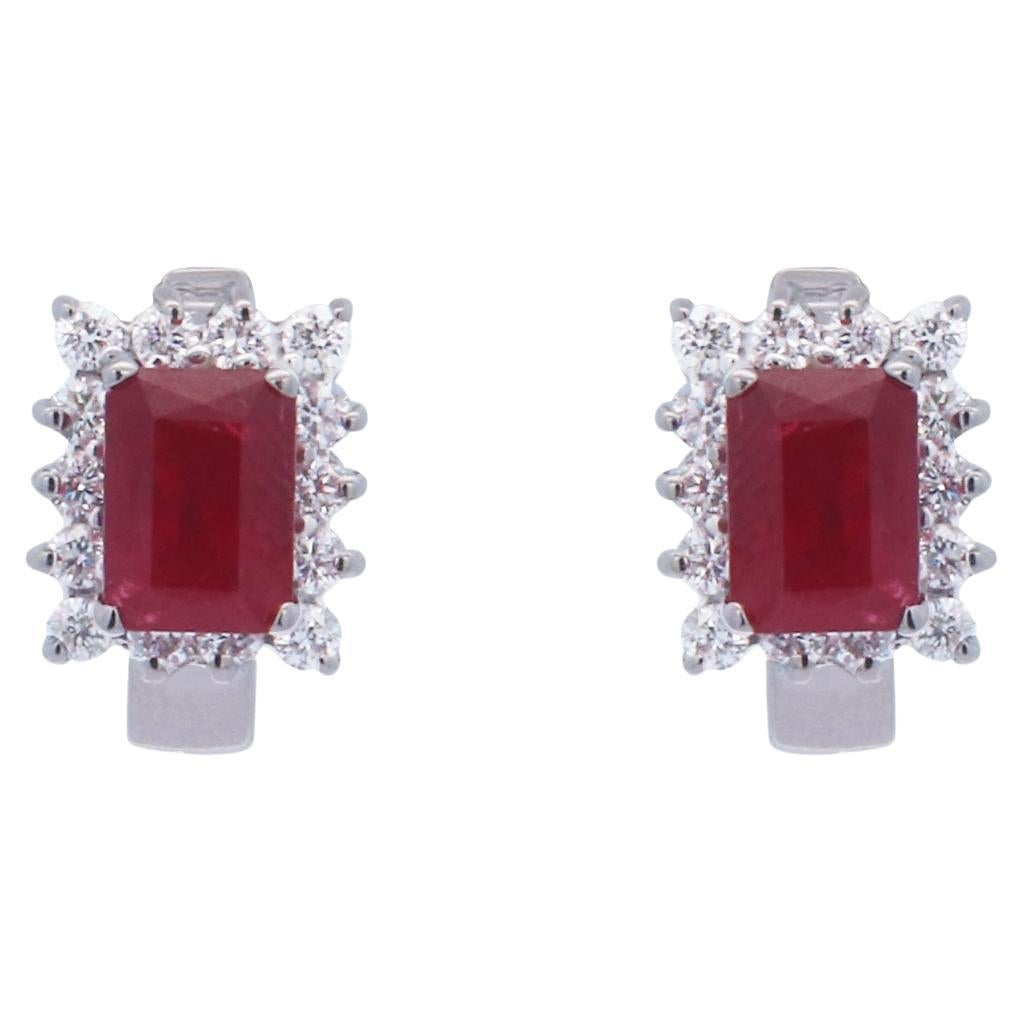 Ruby Emerald Cut Diamond Halo Huggie Earrings 18K White Gold For Sale