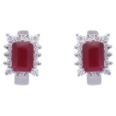 Ruby Emerald Cut Diamond Halo Huggie Earrings 18K White Gold