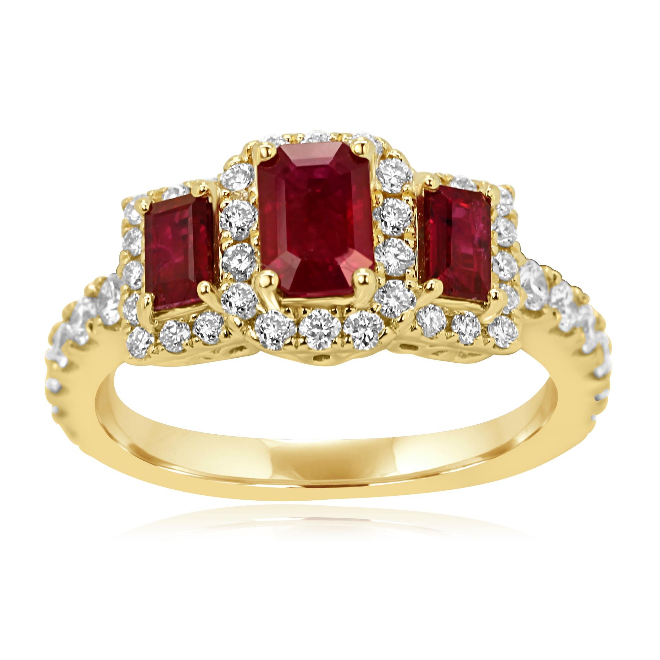 3 Ruby Emerald Cut 1.18 Carat encircled in a single Halo Colorless Diamond VS-SI Clarity 0.70 Carat set in Gorgeous 14K Yellow Gold Three Stone Bridal Fashion Ring.

Style available in different price ranges. Prices are based on your selection of