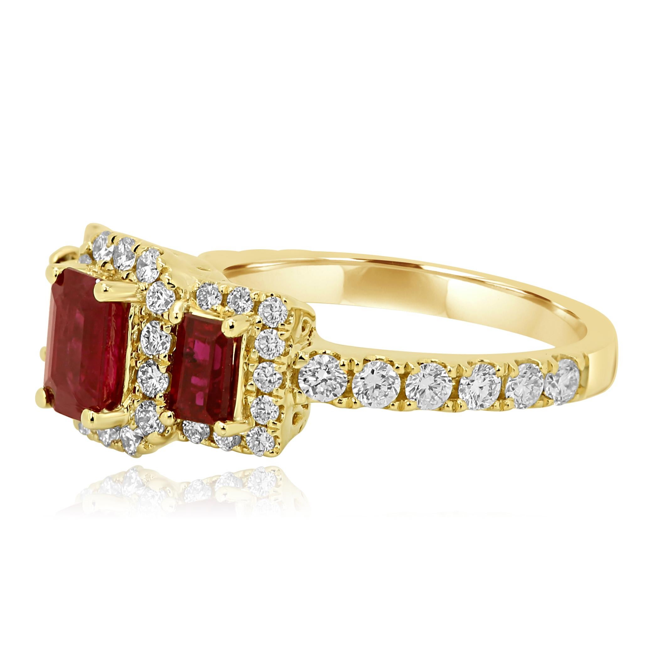 Modern Ruby Emerald Cut Diamond Halo Three-Stone Bridal Fashion Cocktail Gold Ring