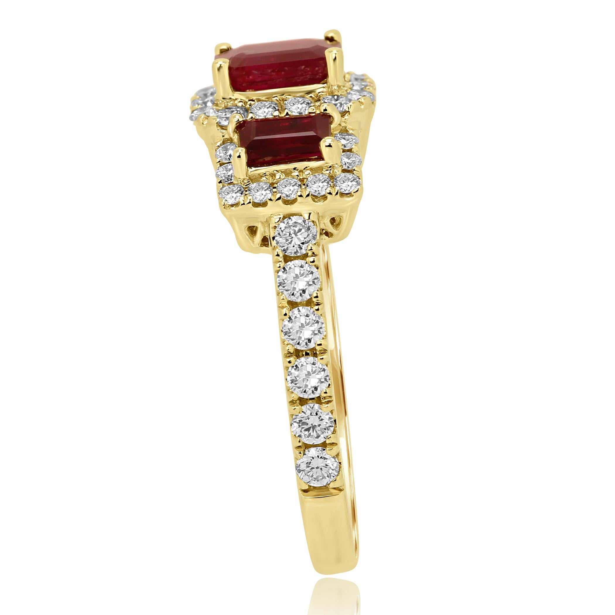 Ruby Emerald Cut Diamond Halo Three-Stone Bridal Fashion Cocktail Gold Ring In New Condition In NEW YORK, NY