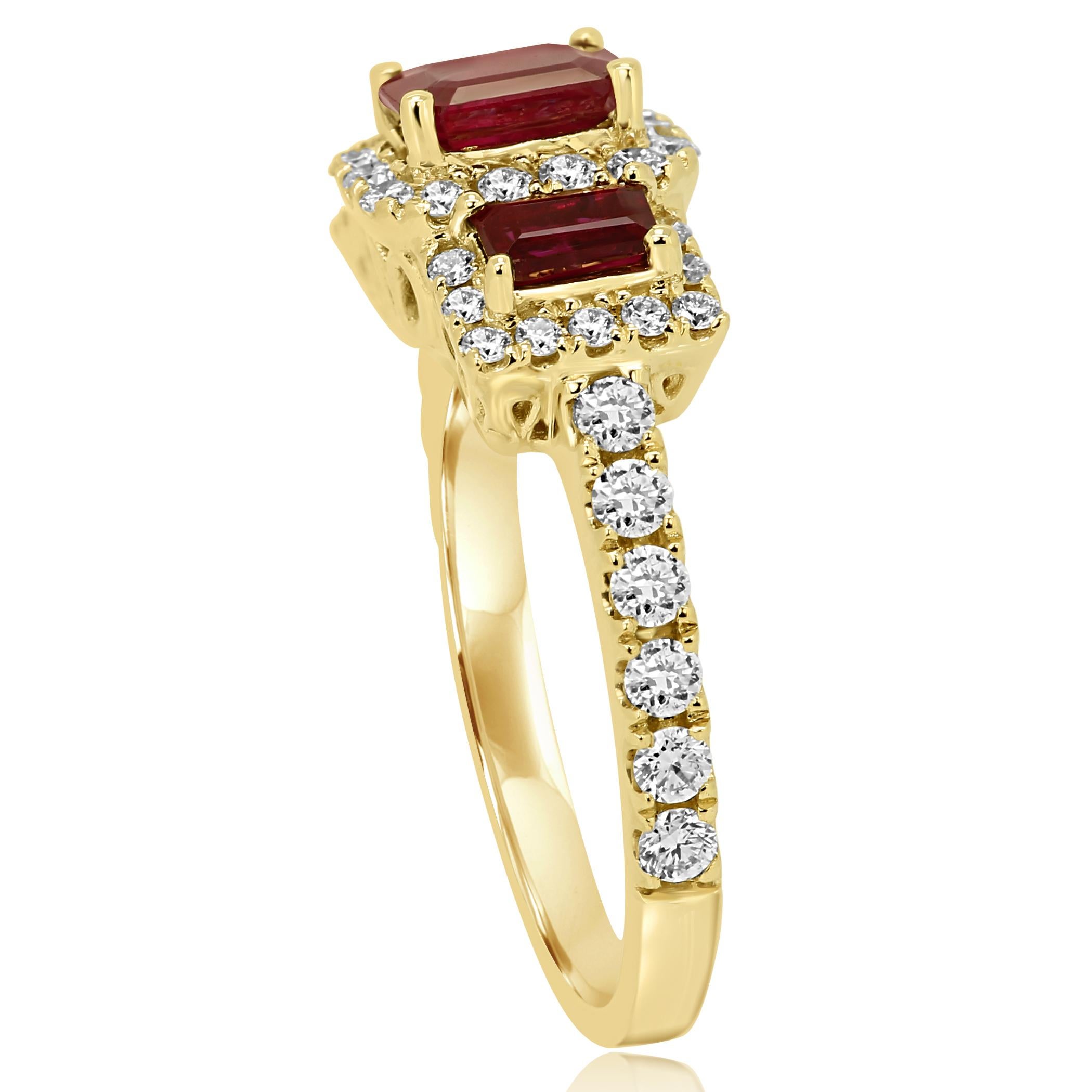 Women's or Men's Ruby Emerald Cut Diamond Halo Three-Stone Bridal Fashion Cocktail Gold Ring