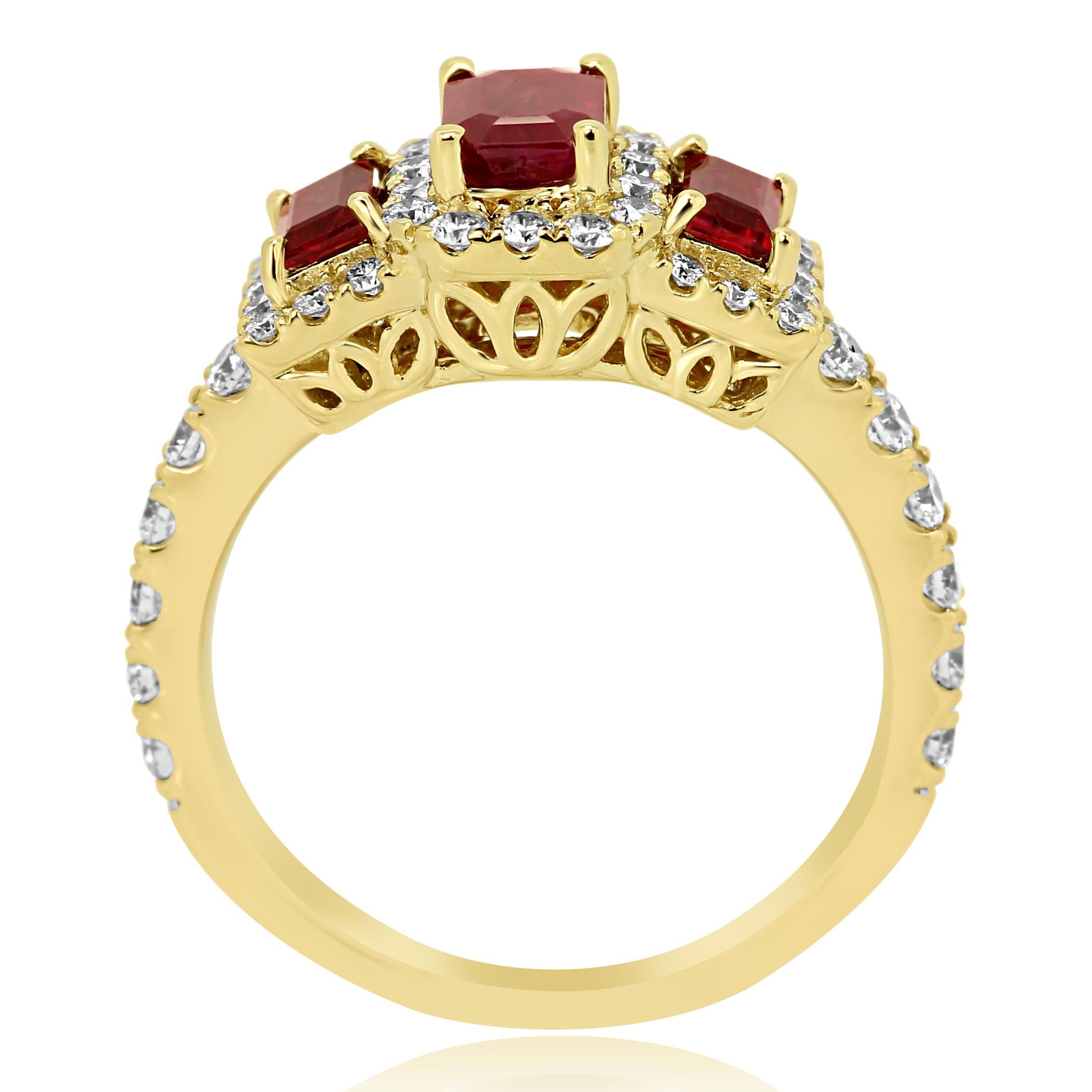 Ruby Emerald Cut Diamond Halo Three-Stone Bridal Fashion Cocktail Gold Ring 1