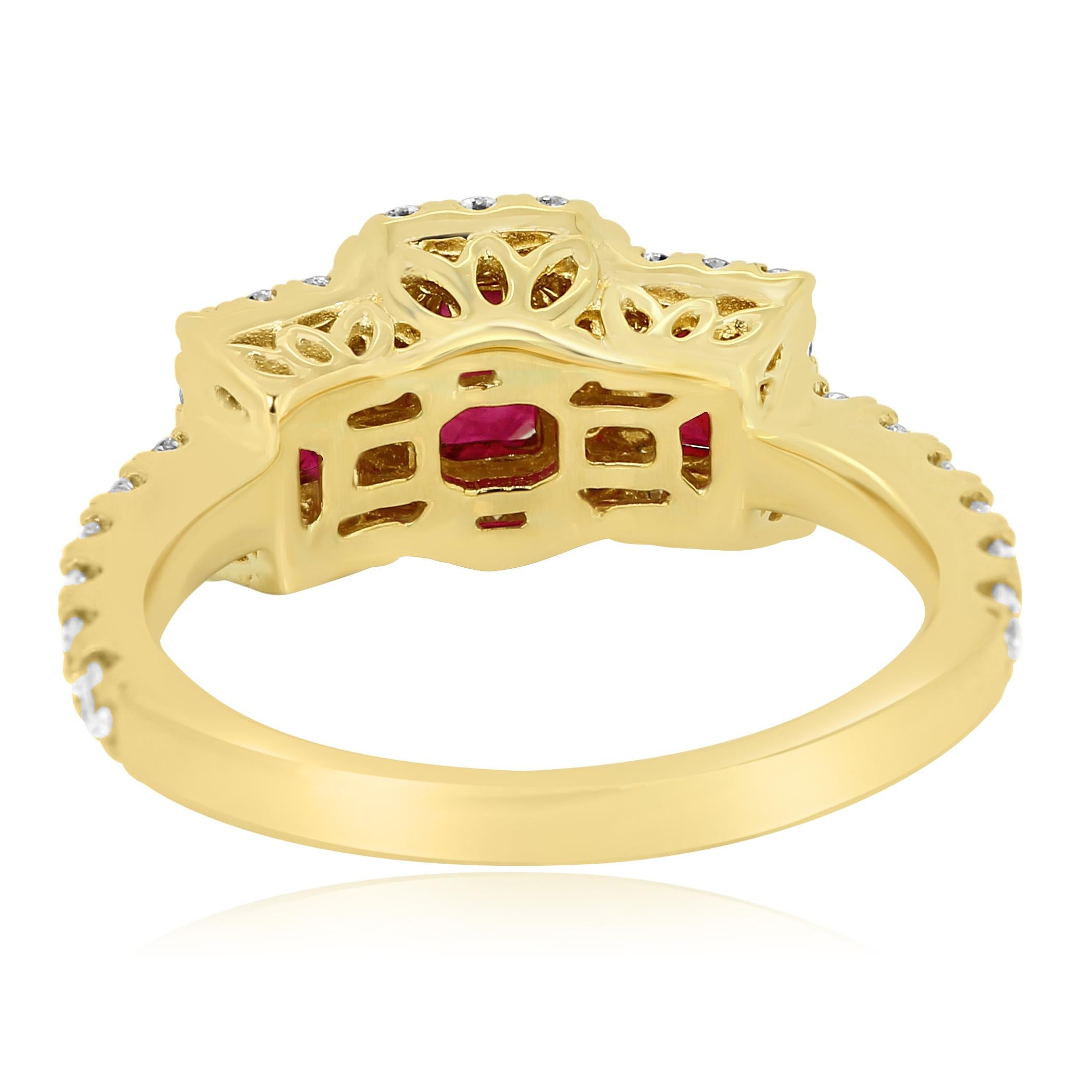 Ruby Emerald Cut Diamond Halo Three-Stone Bridal Fashion Cocktail Gold Ring 2